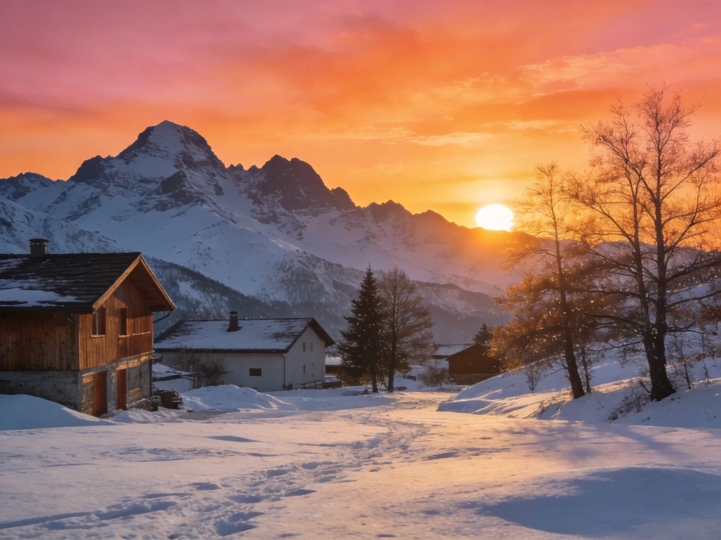 Snow-covered village with wooden cabins near snow-capped mountains at sunset