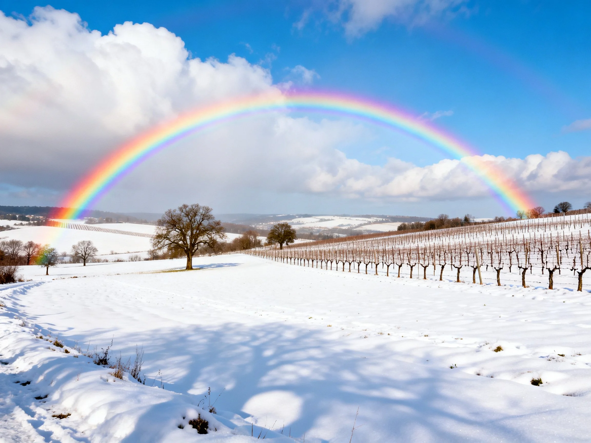 Snow-covered vineyard with vibrant rainbow arching over winter landscape