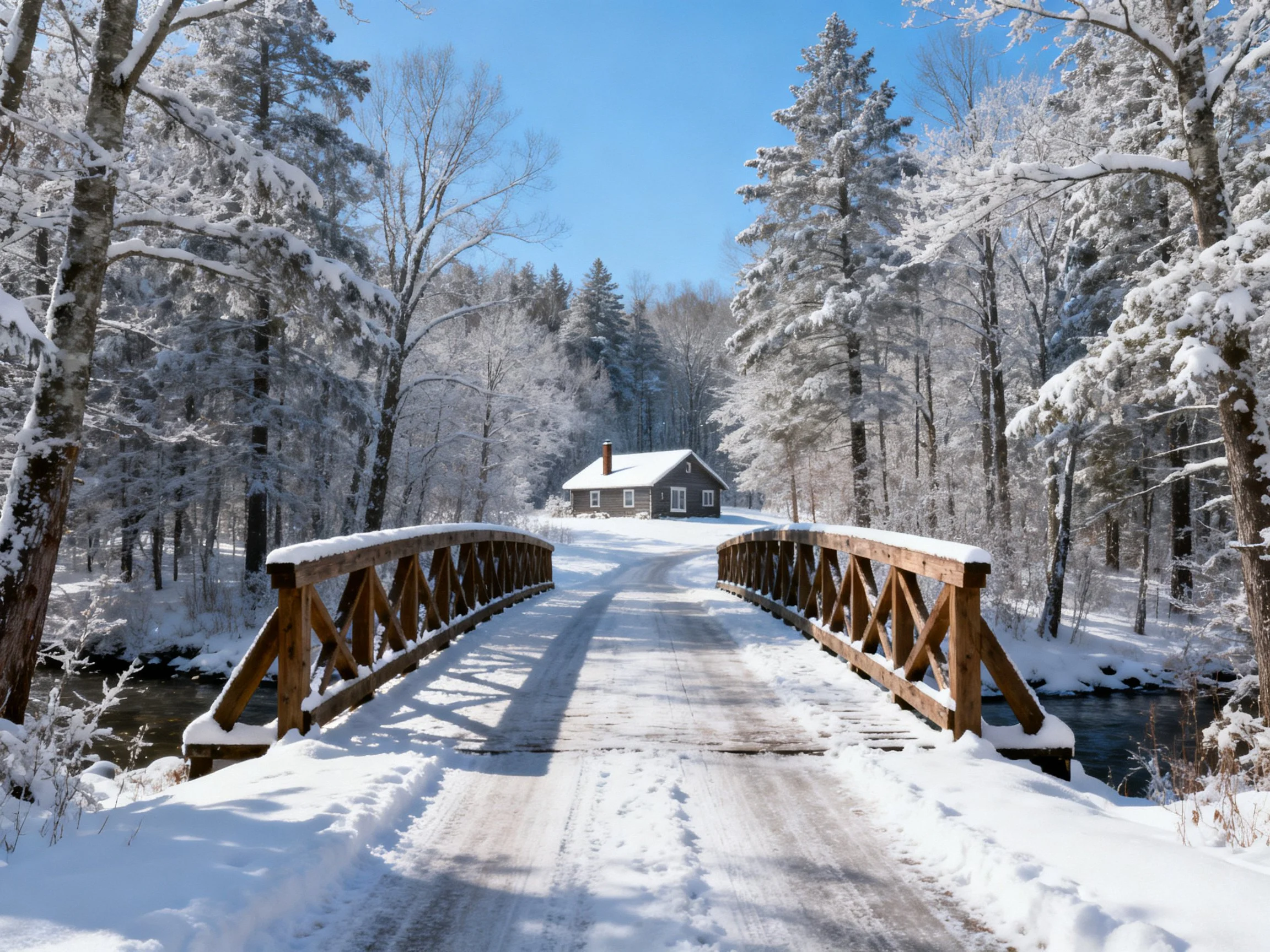 Snow-covered wooden bridge leads to a cozy cabin amid frosty trees