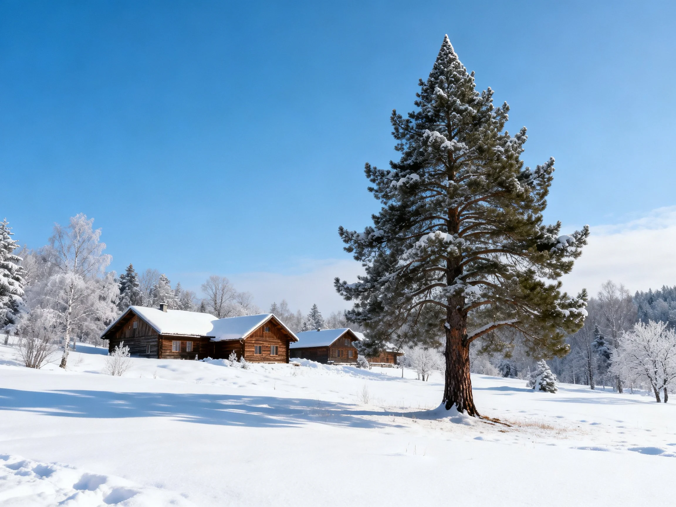 Snow-draped cabins near a tall pine tree under a clear blue sky