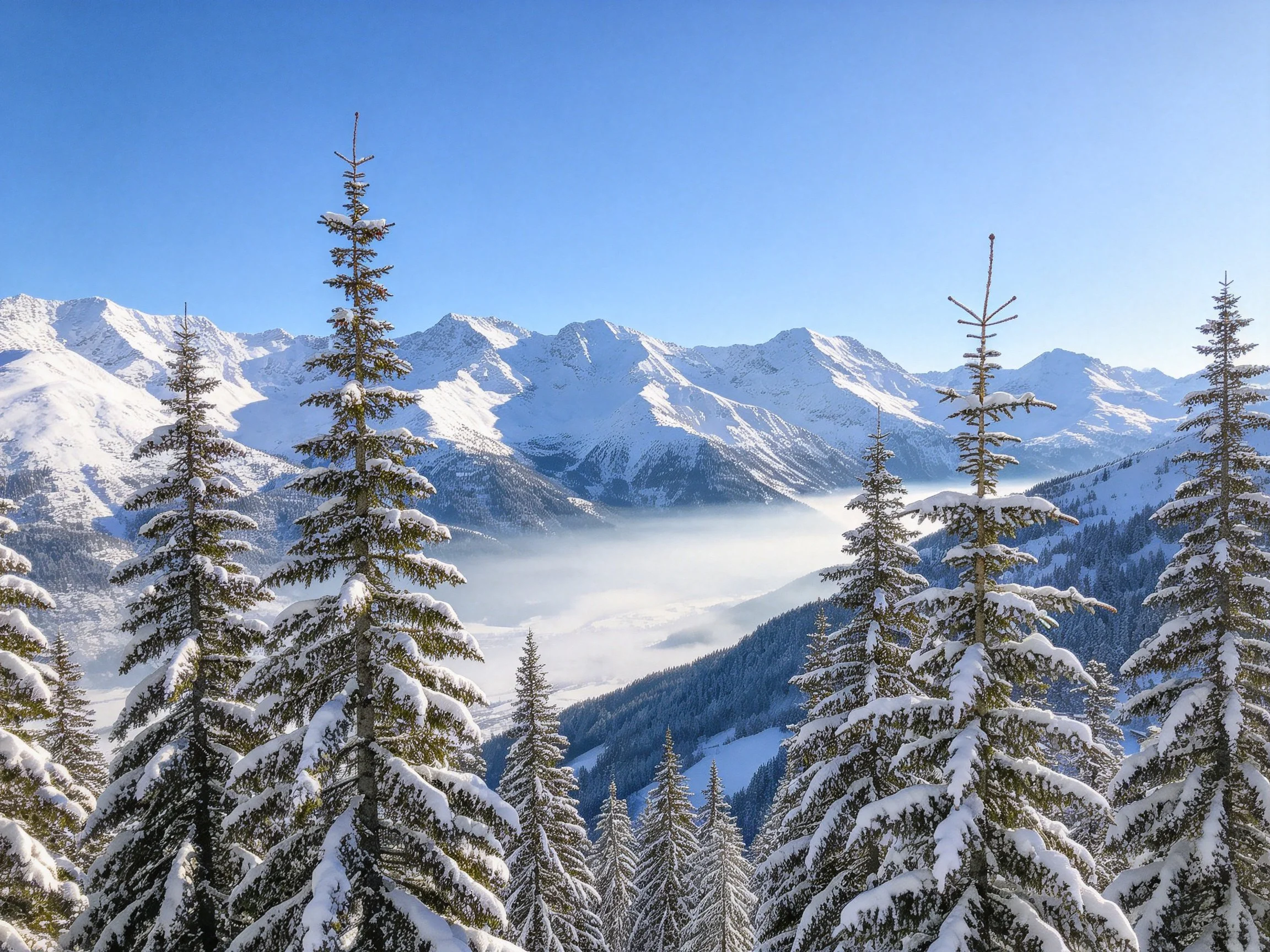 Snow-draped evergreen forest and grand mountain range under clear blue sky