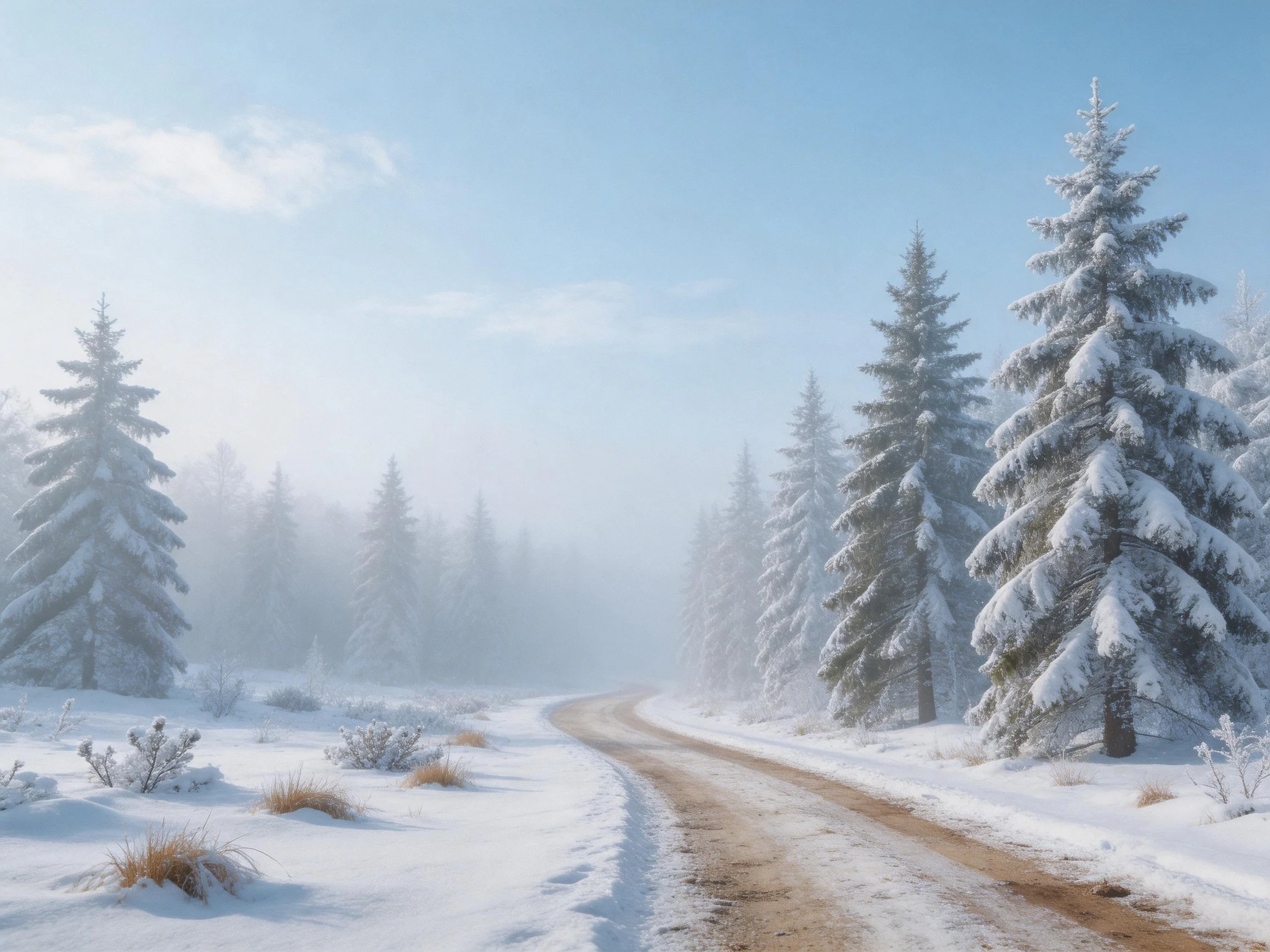 Snow-draped evergreen forest beside winding dirt road