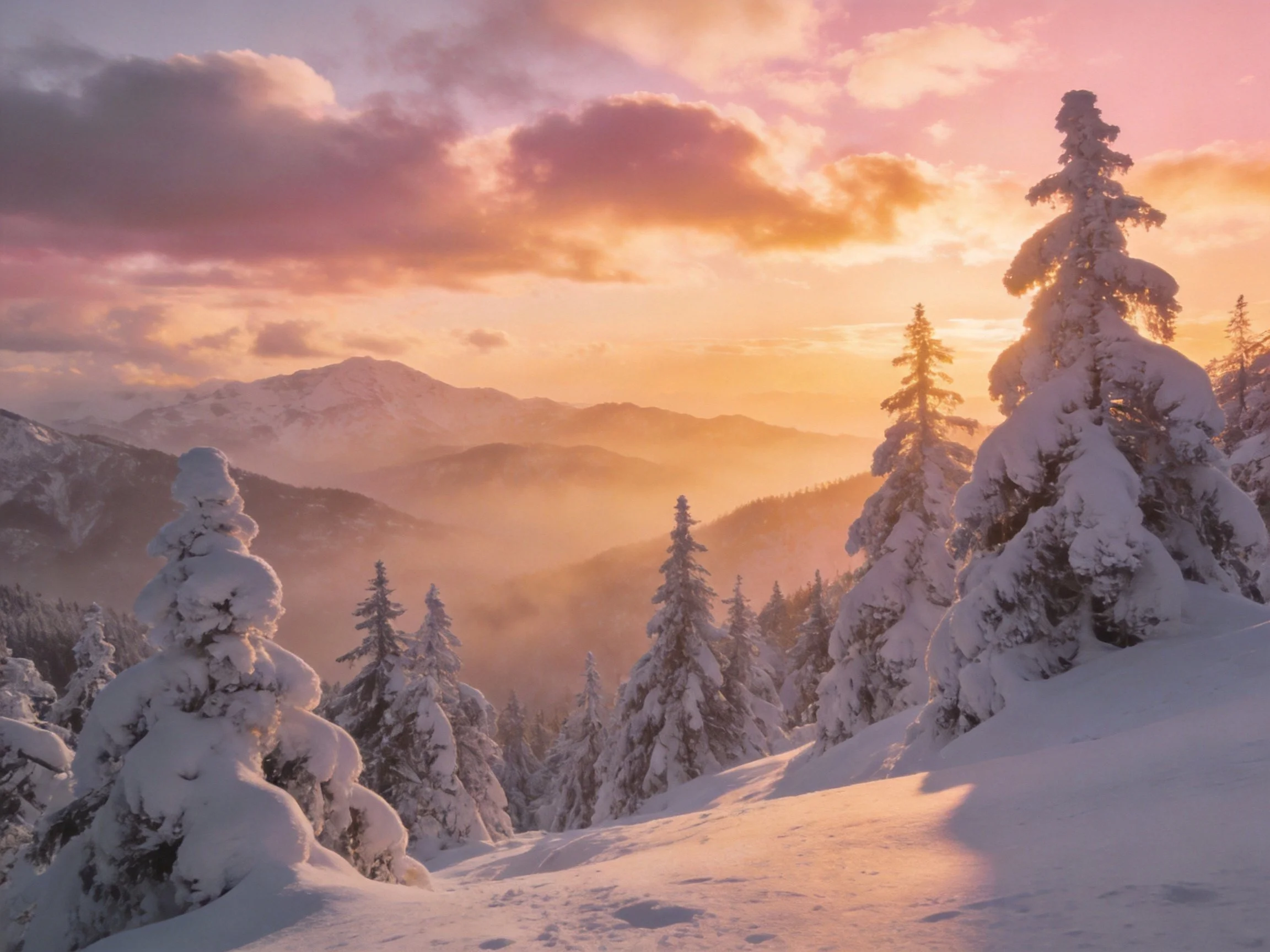 Snow-draped evergreen forest, misty mountain range, vibrant sunset sky.