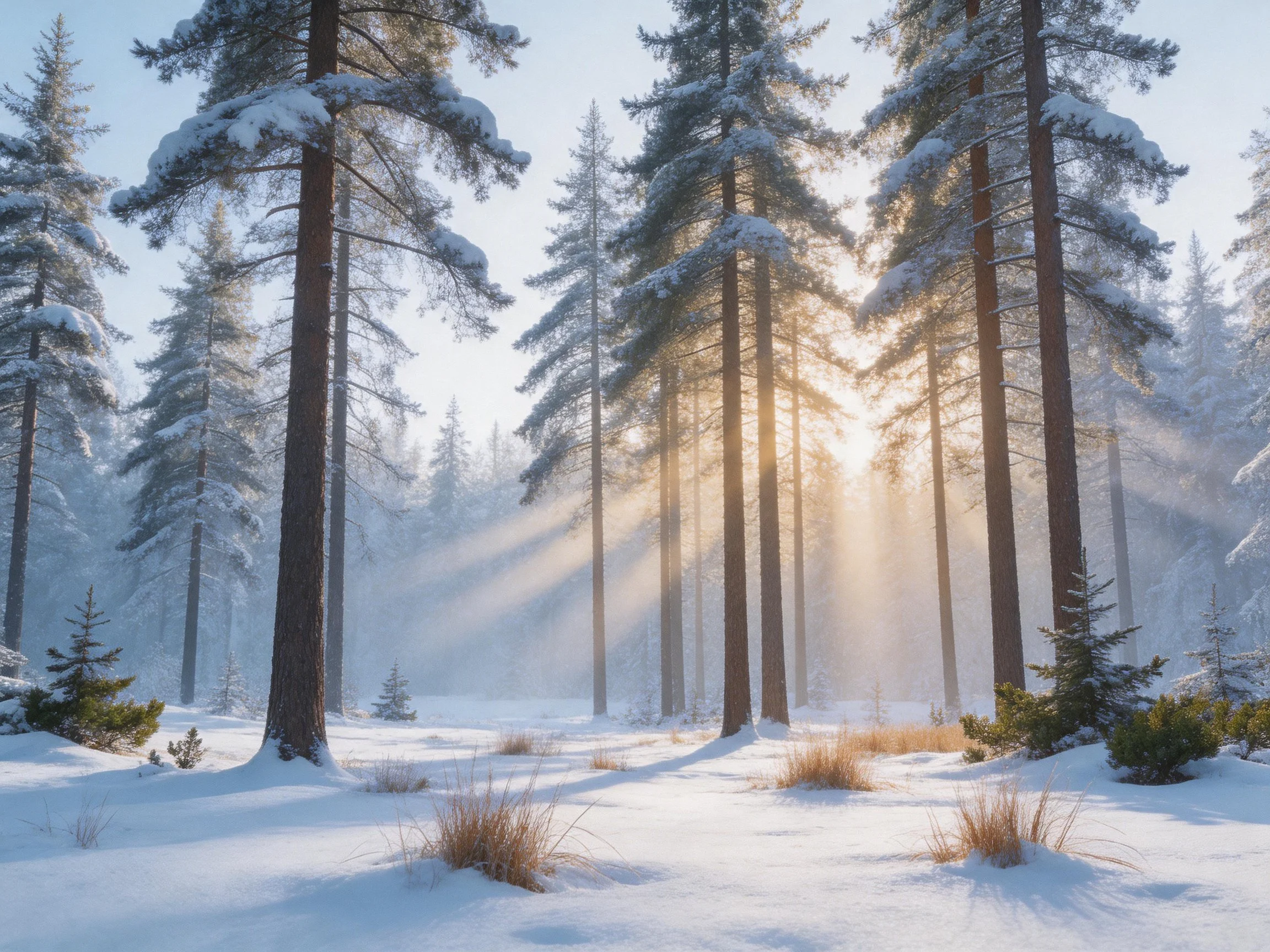 Snow-draped evergreen forest with golden sunbeams