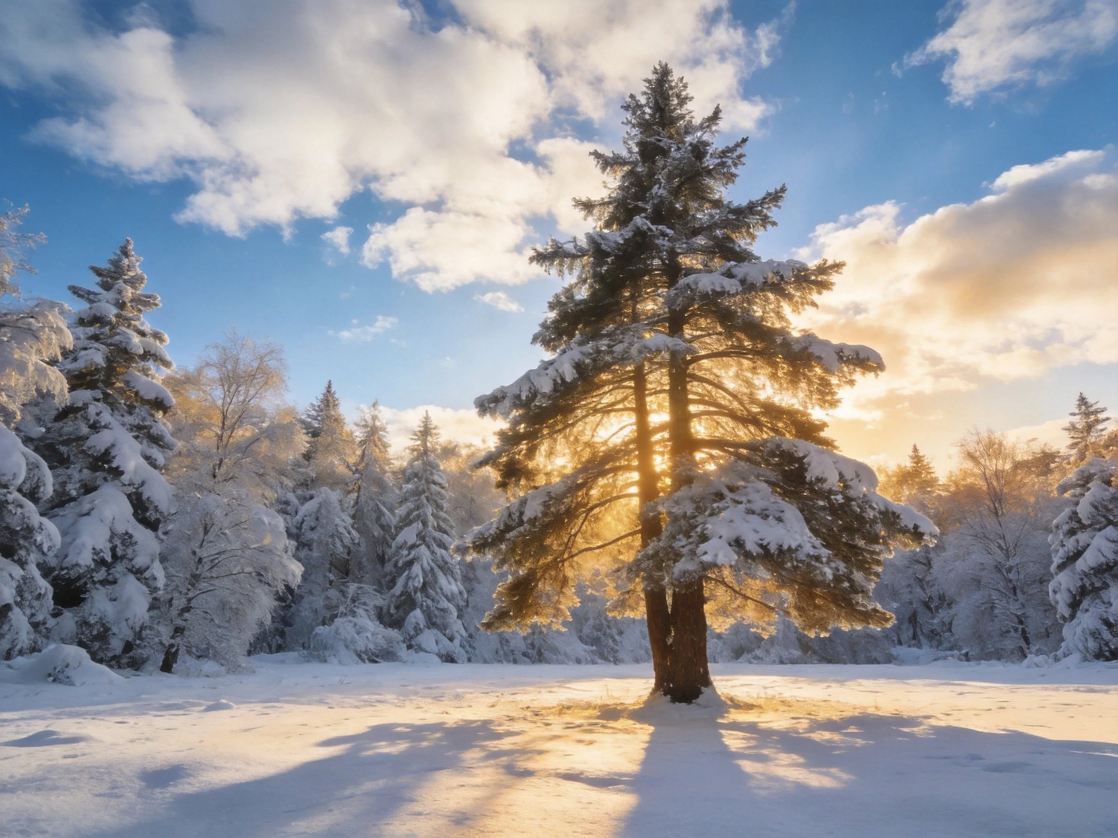 Snow-draped evergreen forest with golden sunlight