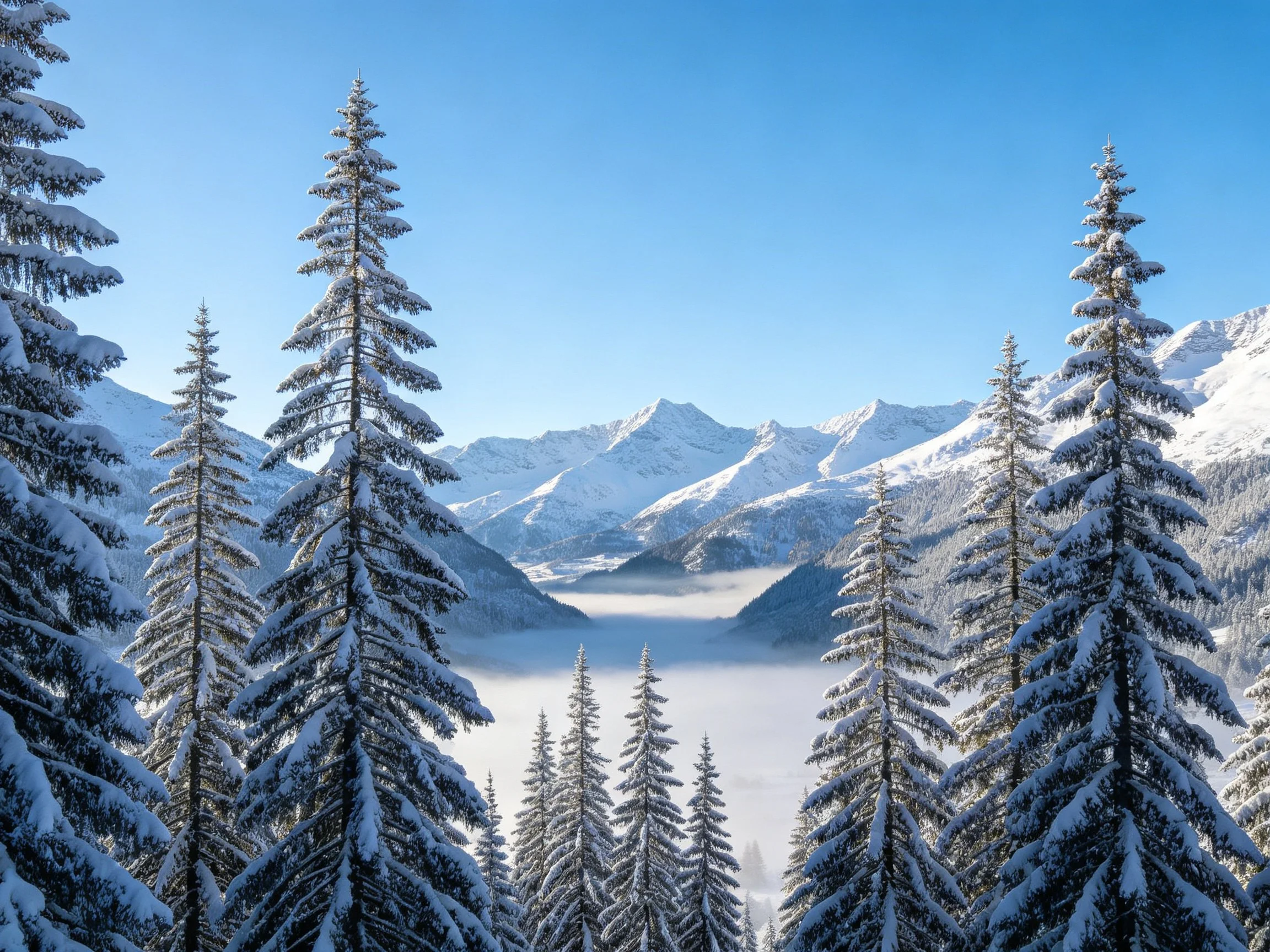 Snow-draped evergreen forest with mountain peaks under bright blue sky