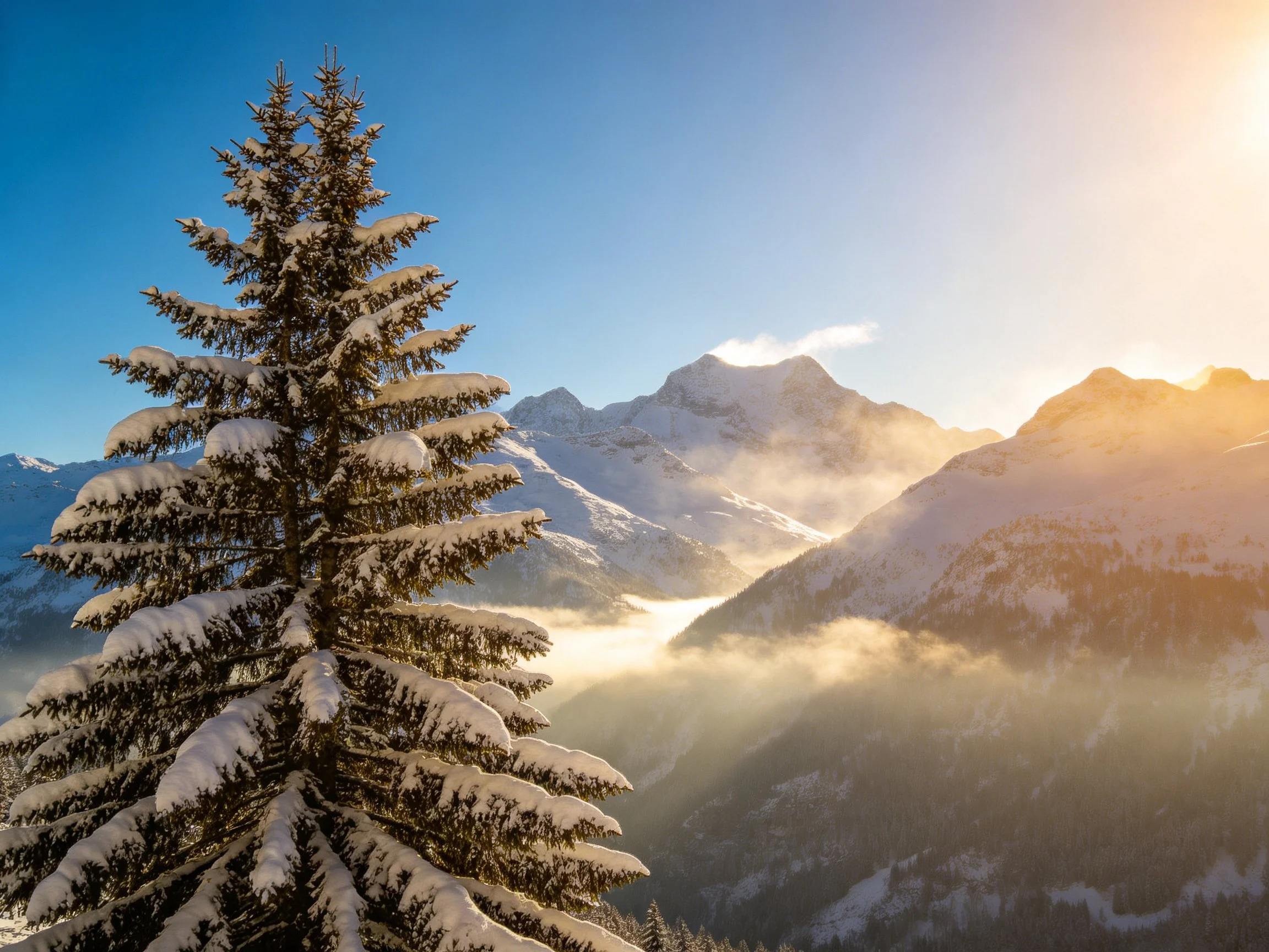 Snow - draped evergreen near sunlit alpine mountains with morning haze
