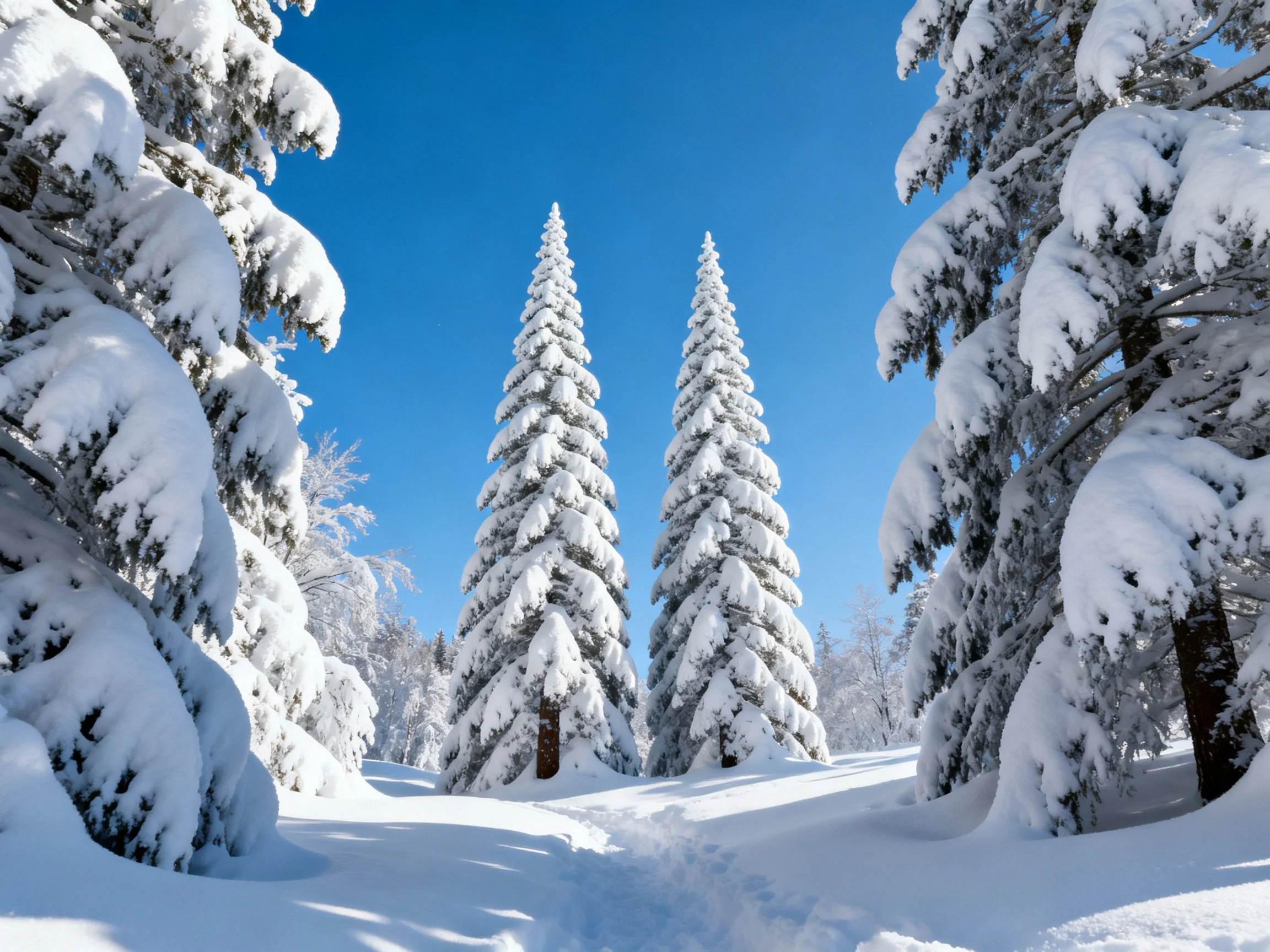 Snow-draped evergreen trees beneath a clear blue sky
