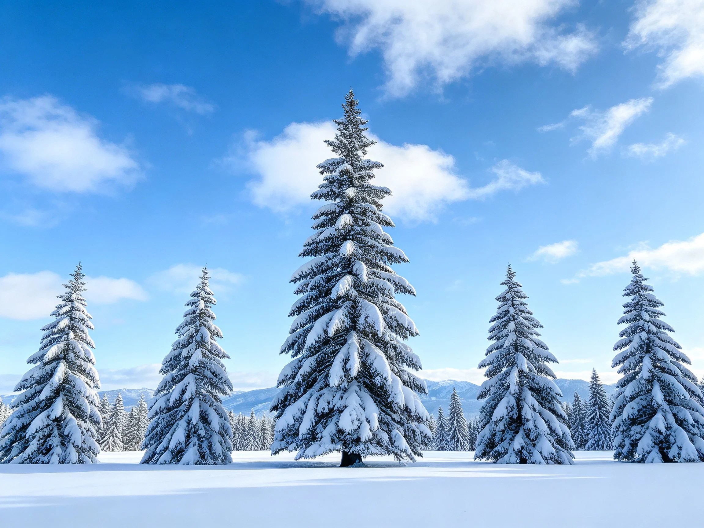Snow-draped evergreen trees in a bright winter landscape