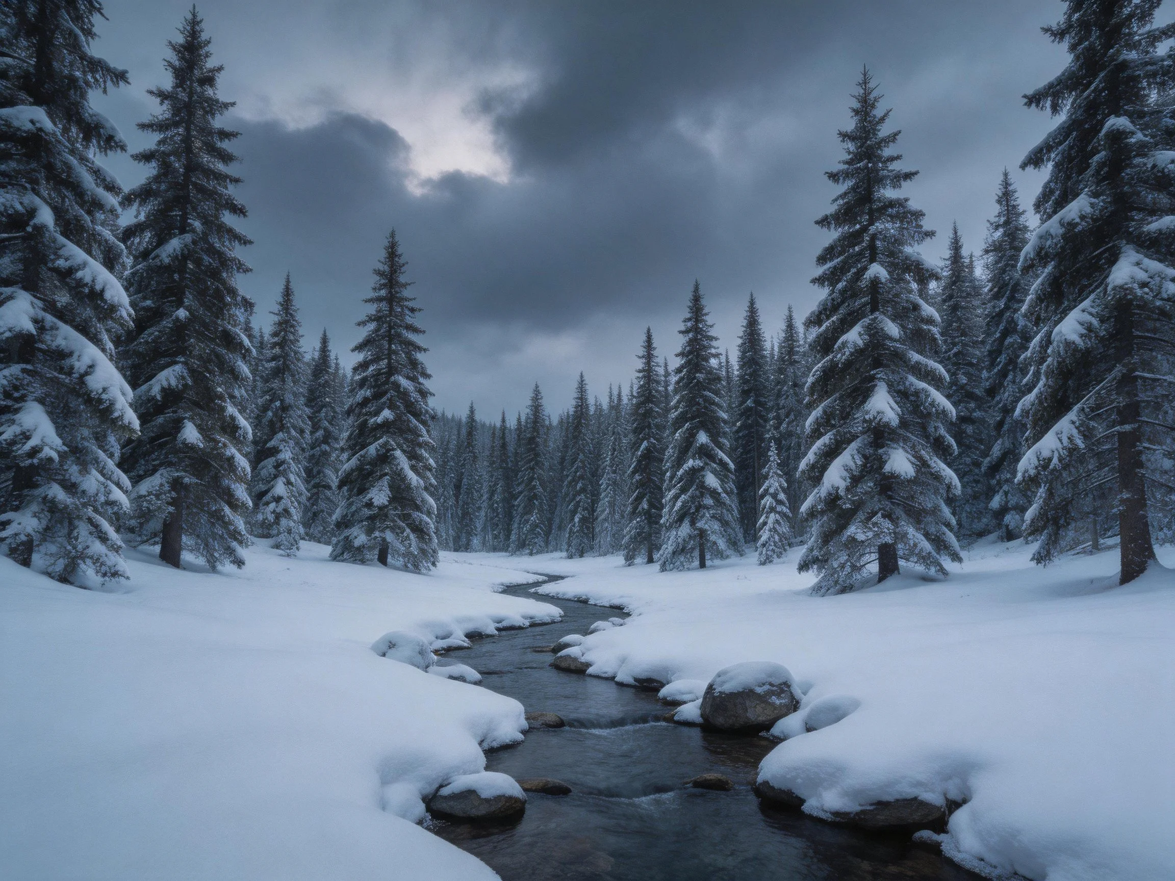 Snow-draped evergreens surround a winding stream under stormy skies