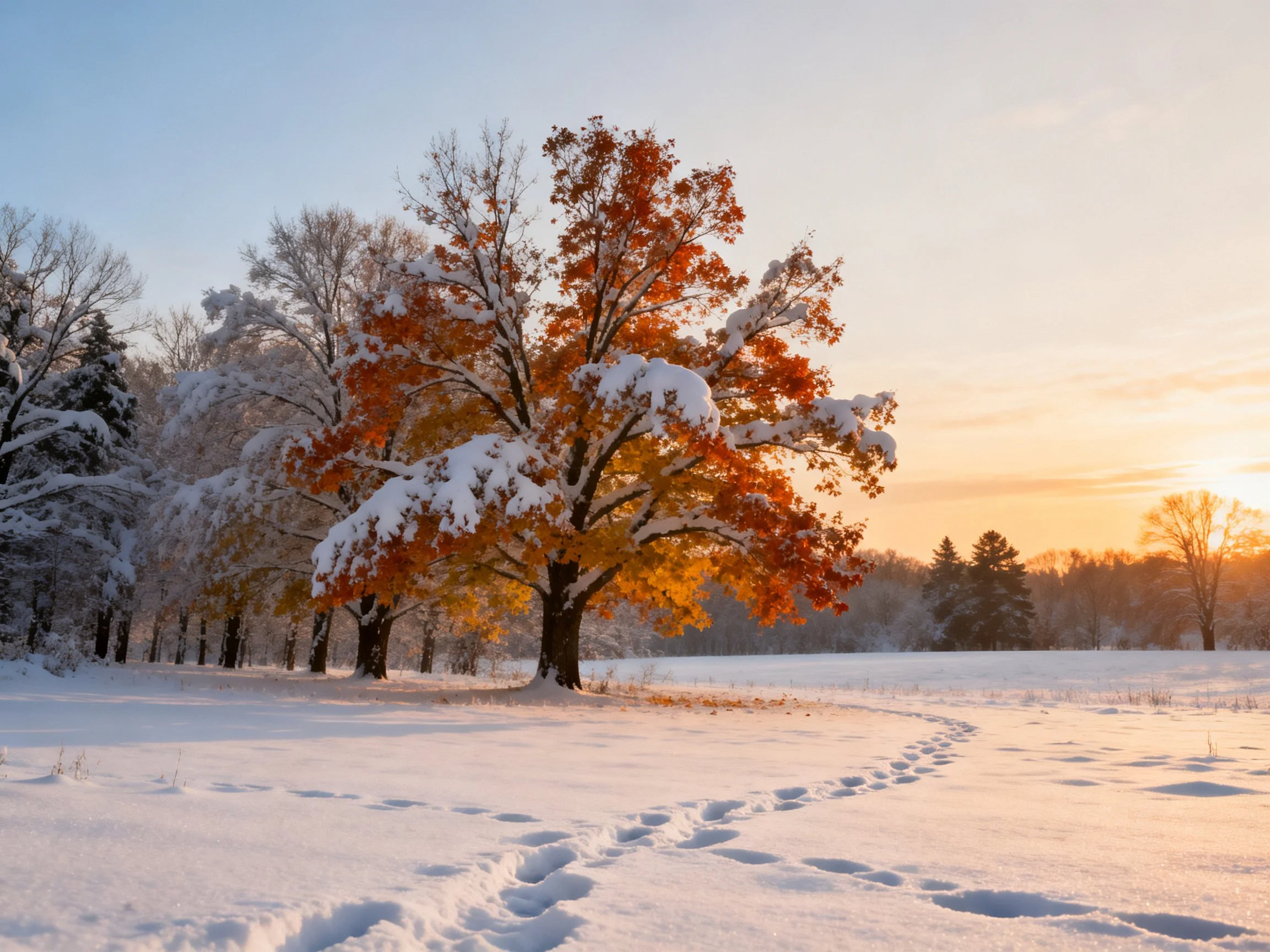 Snow-draped field with vibrant autumn tree near golden sunset