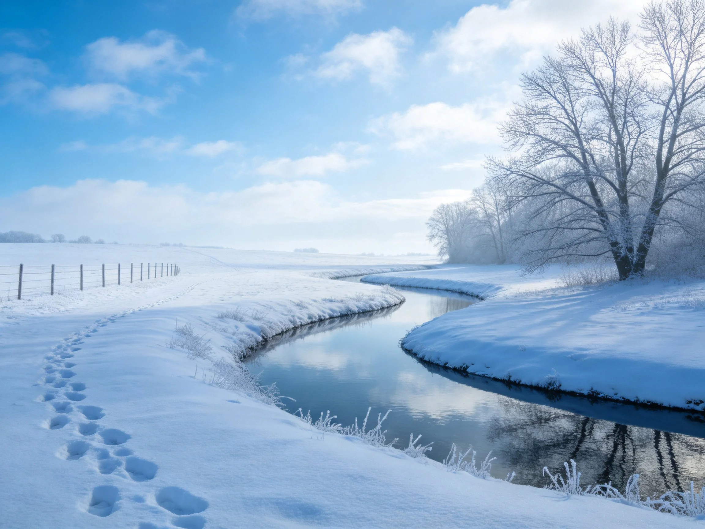 Snow-draped fields, winding stream, and frosty trees in winter