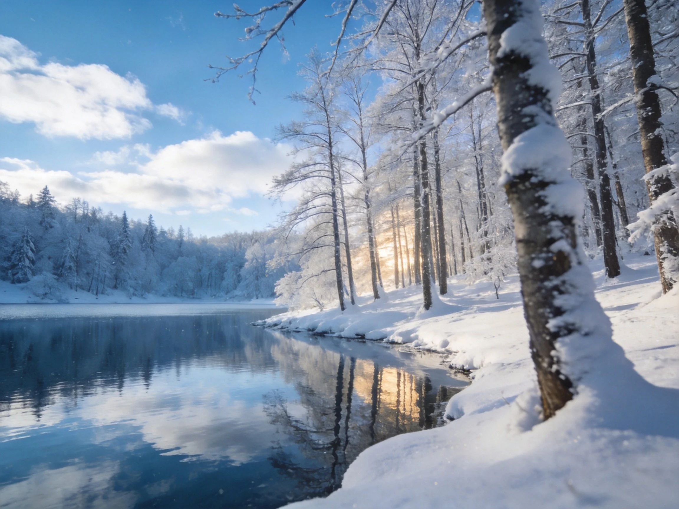 Snow-draped forest edge by calm blue lake under bright sky