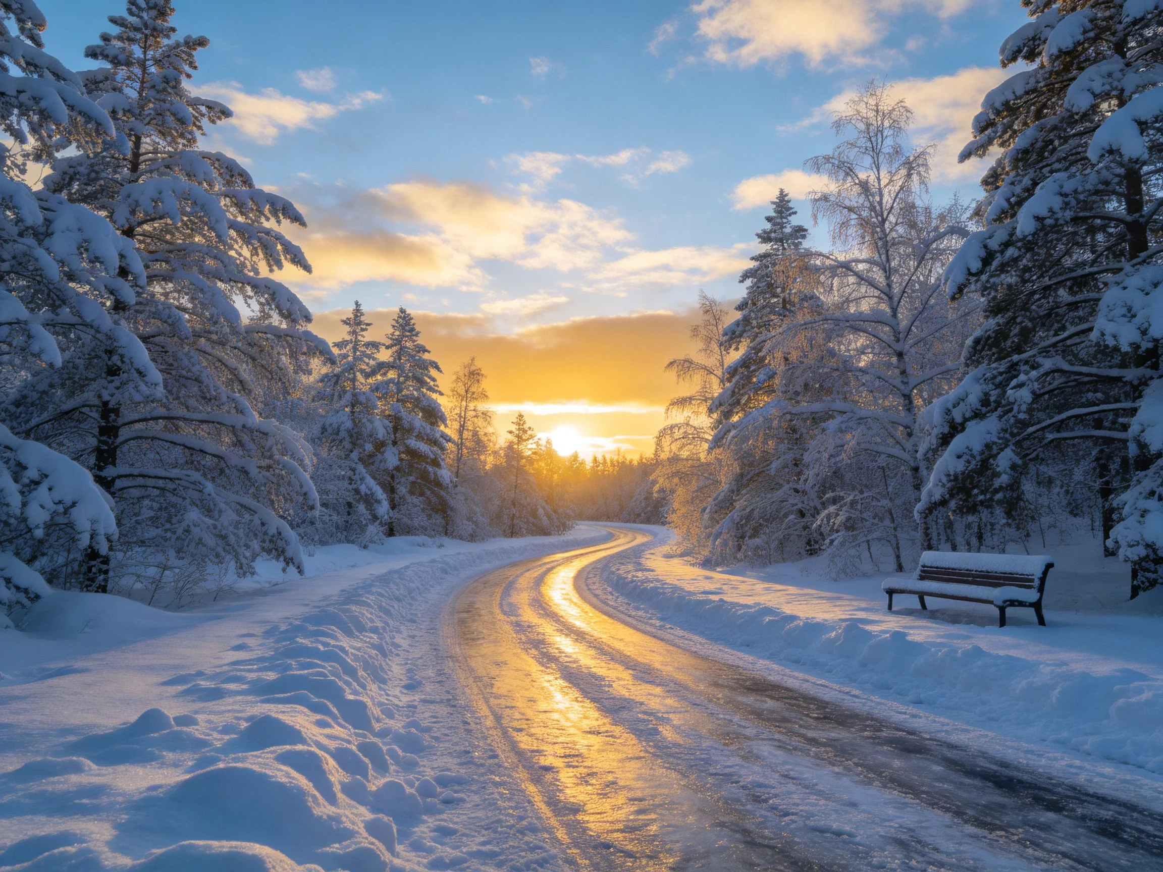 Snow-draped forest path with golden sunset reflections