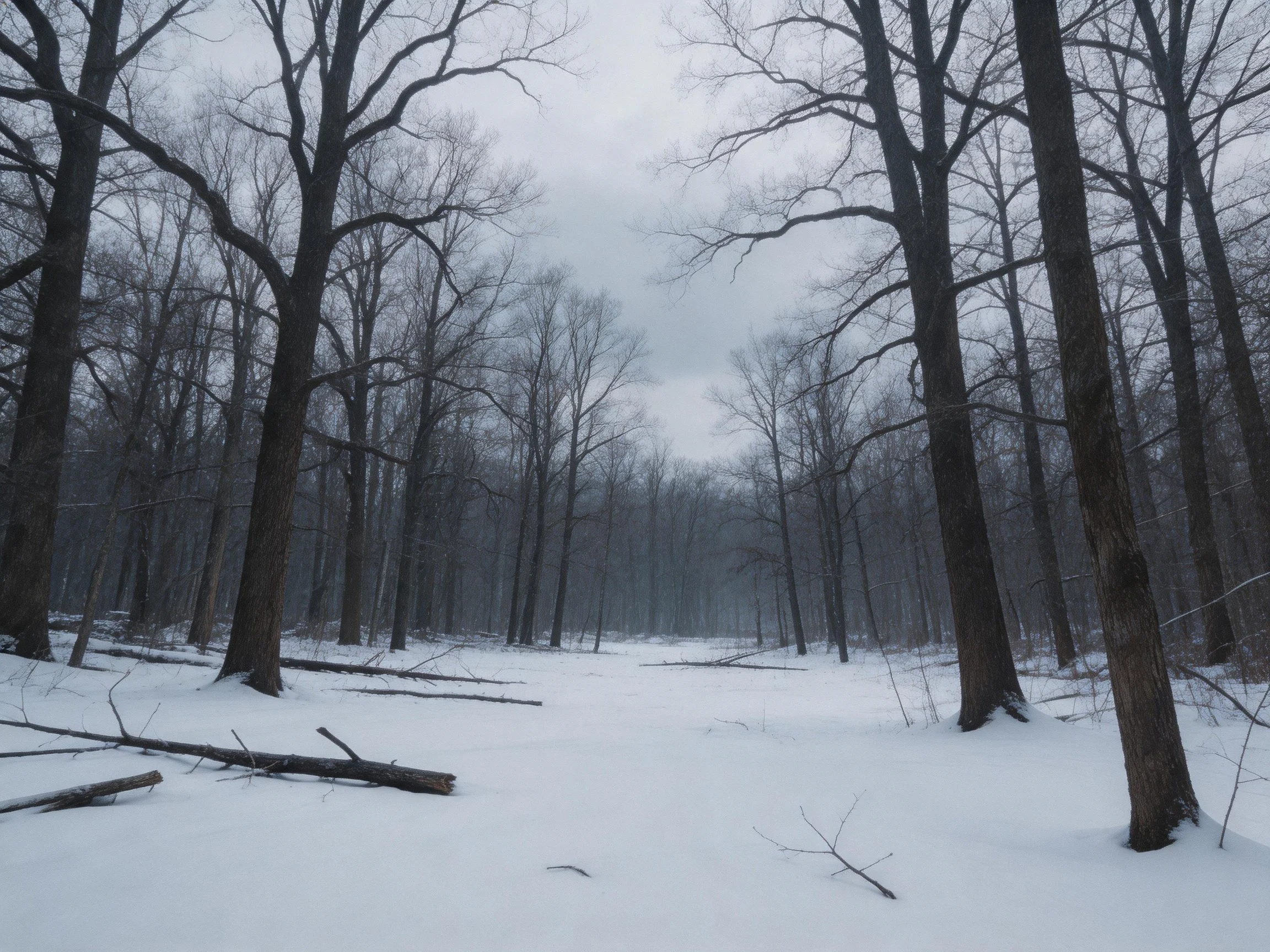 Snow-draped forest with tall bare trees under overcast sky