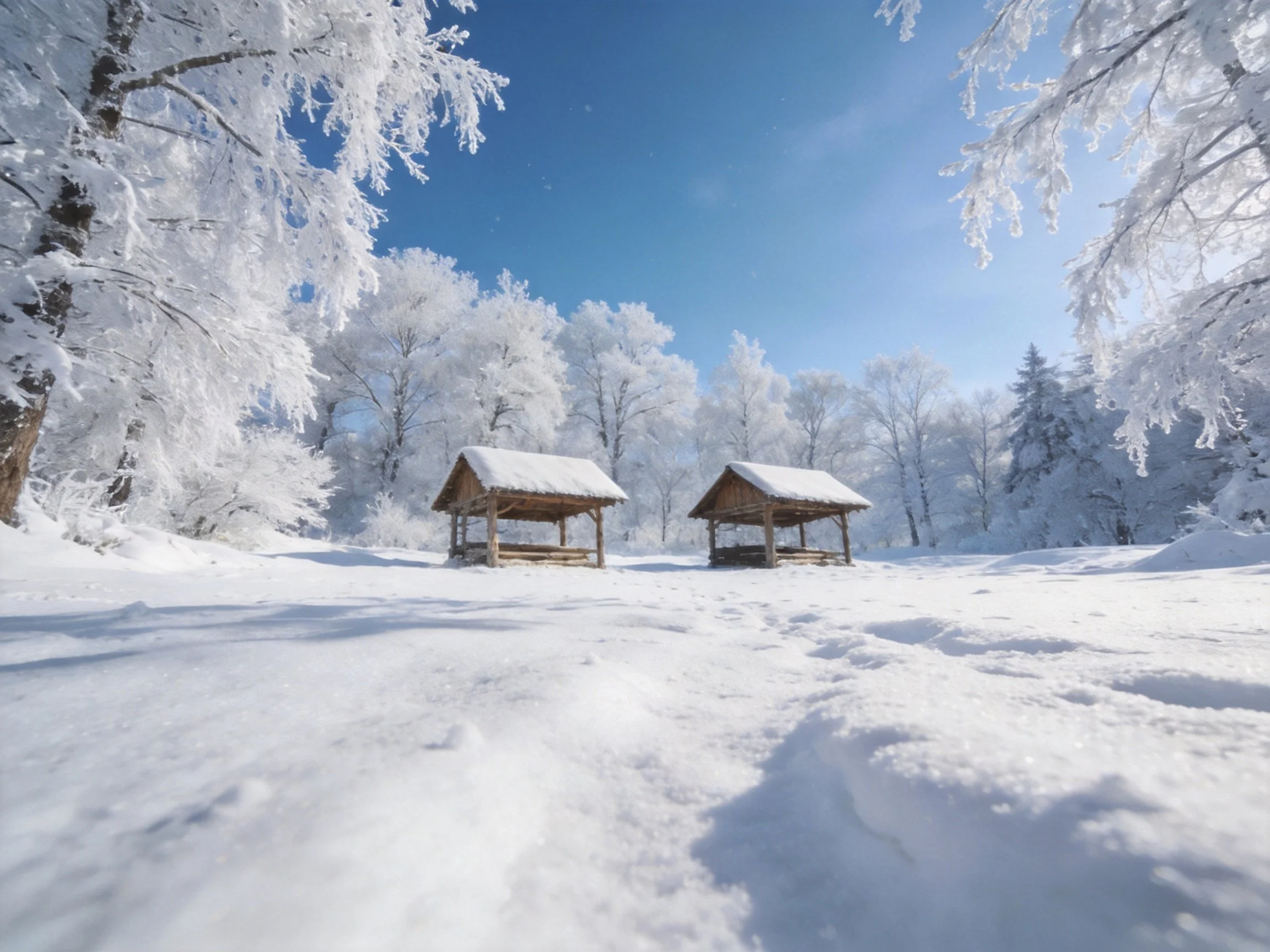 Snow-draped landscape with two wooden shelters and frost-laden trees