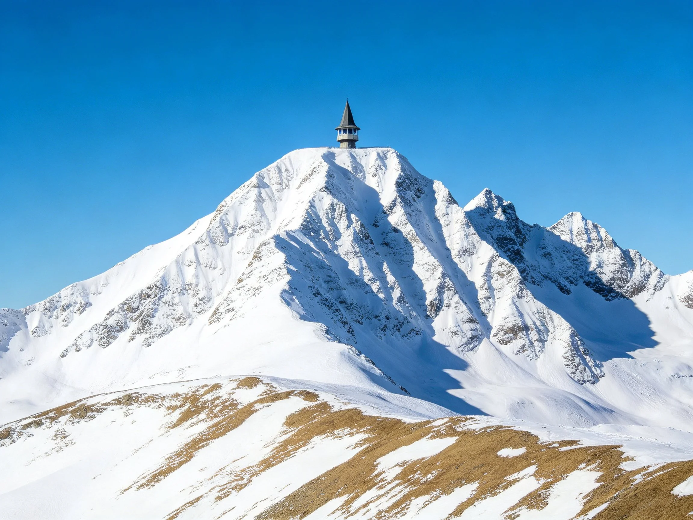 Snow-draped mountain peak with observation tower, clear blue sky