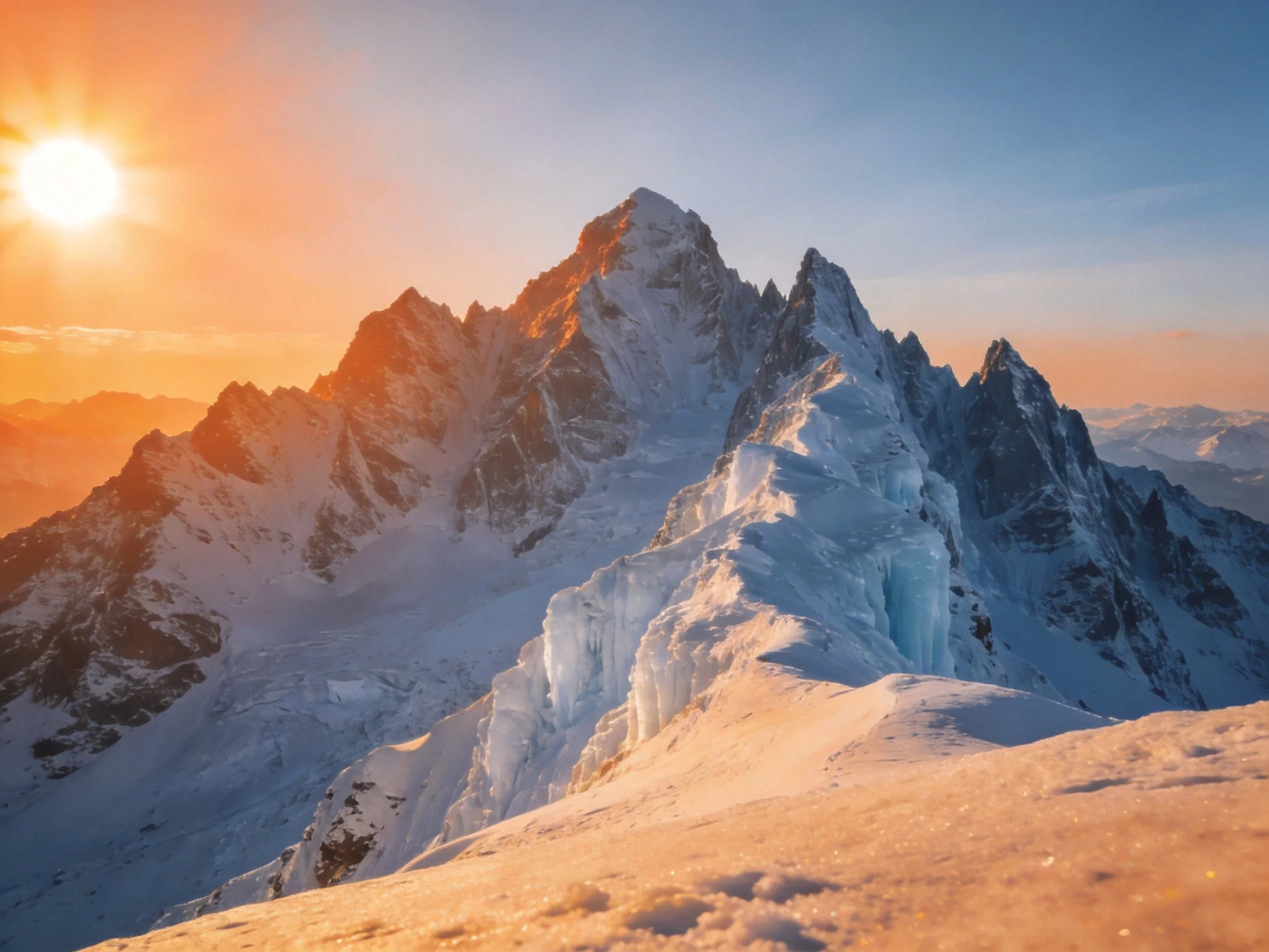Snow-draped mountain peaks bathed in golden sunrise light
