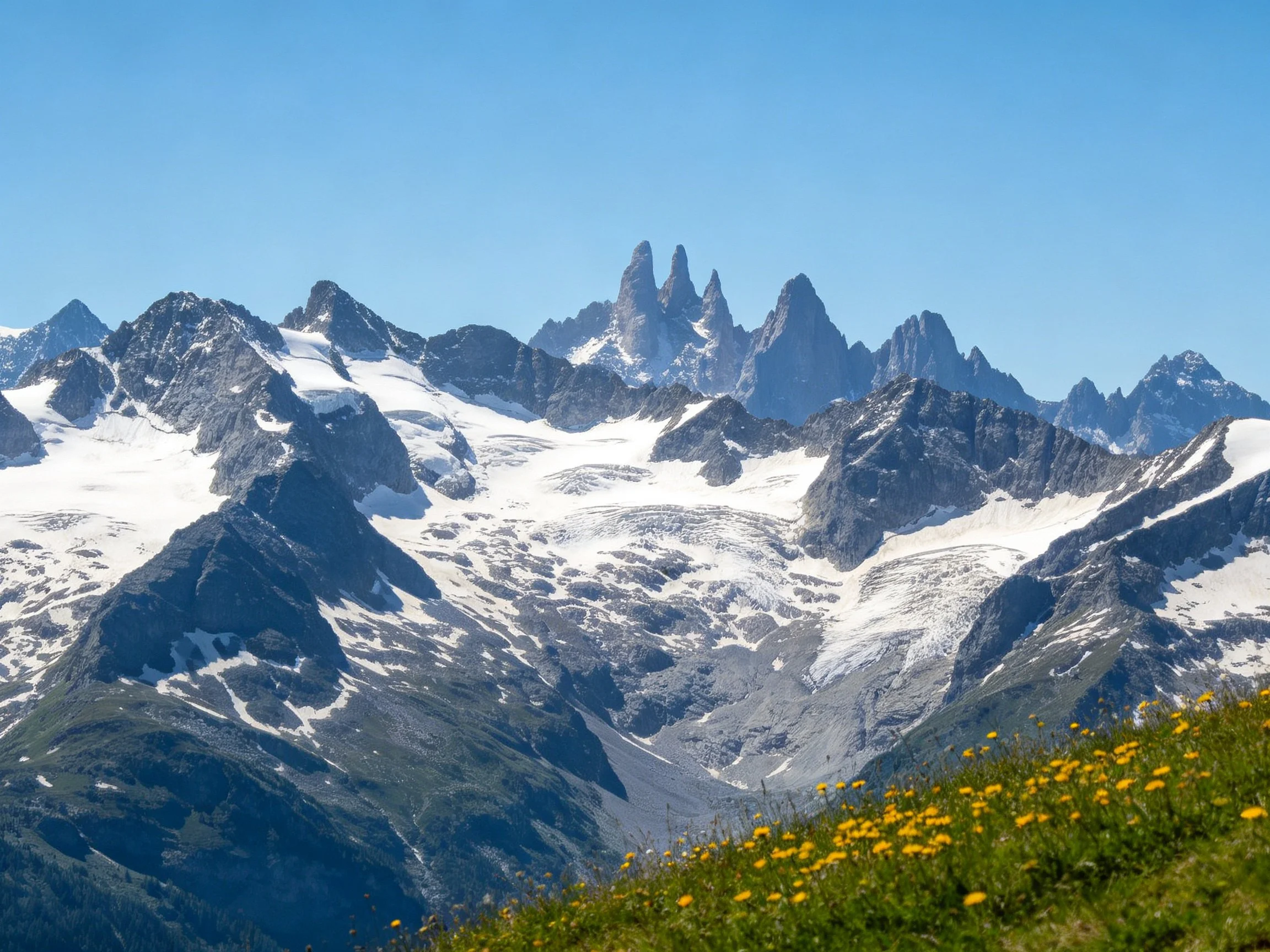 Snow-draped mountain peaks, clear blue sky, and alpine wildflowers