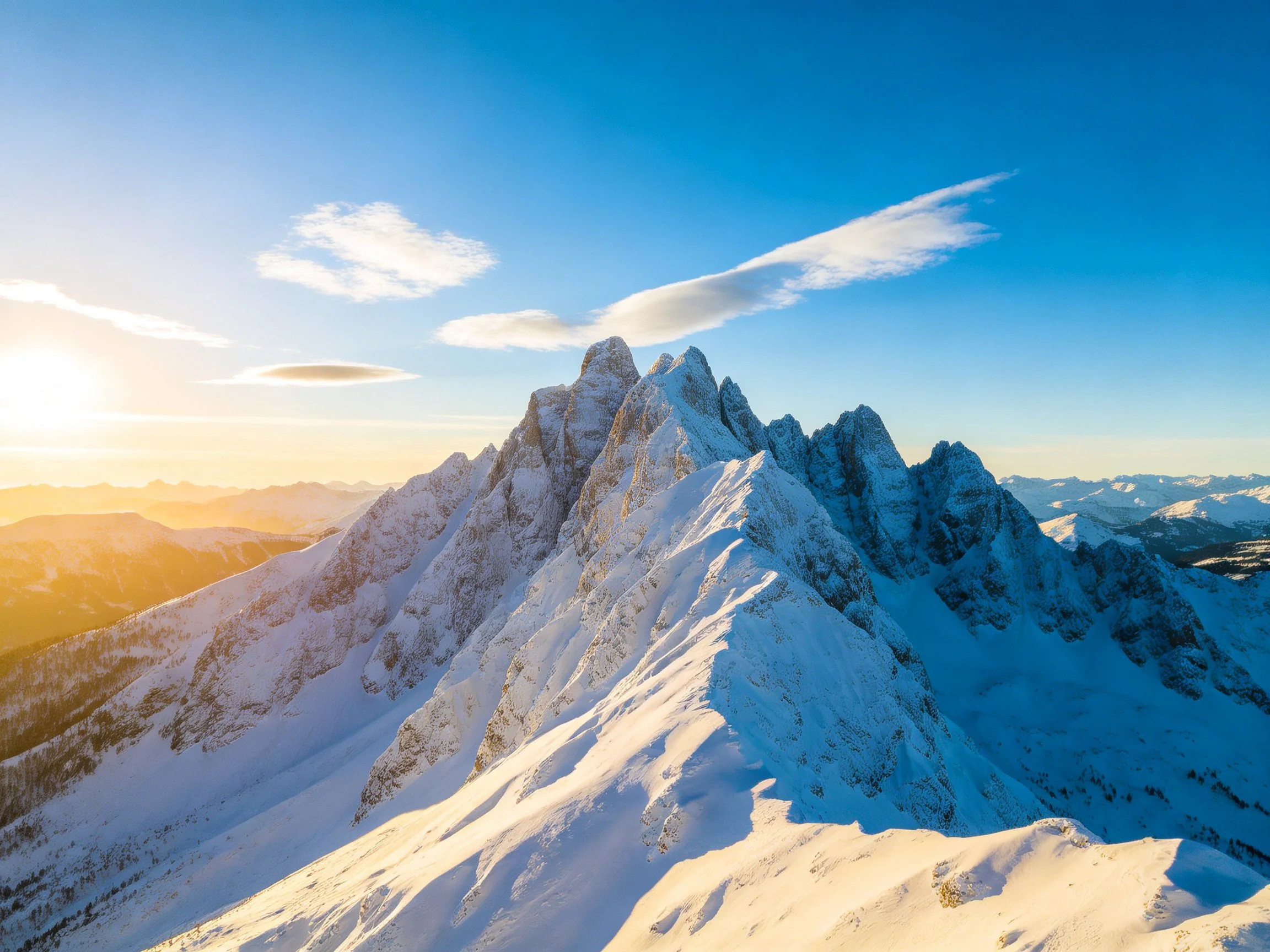 Snow-draped mountain peaks lit by golden sunlight under clear blue sky