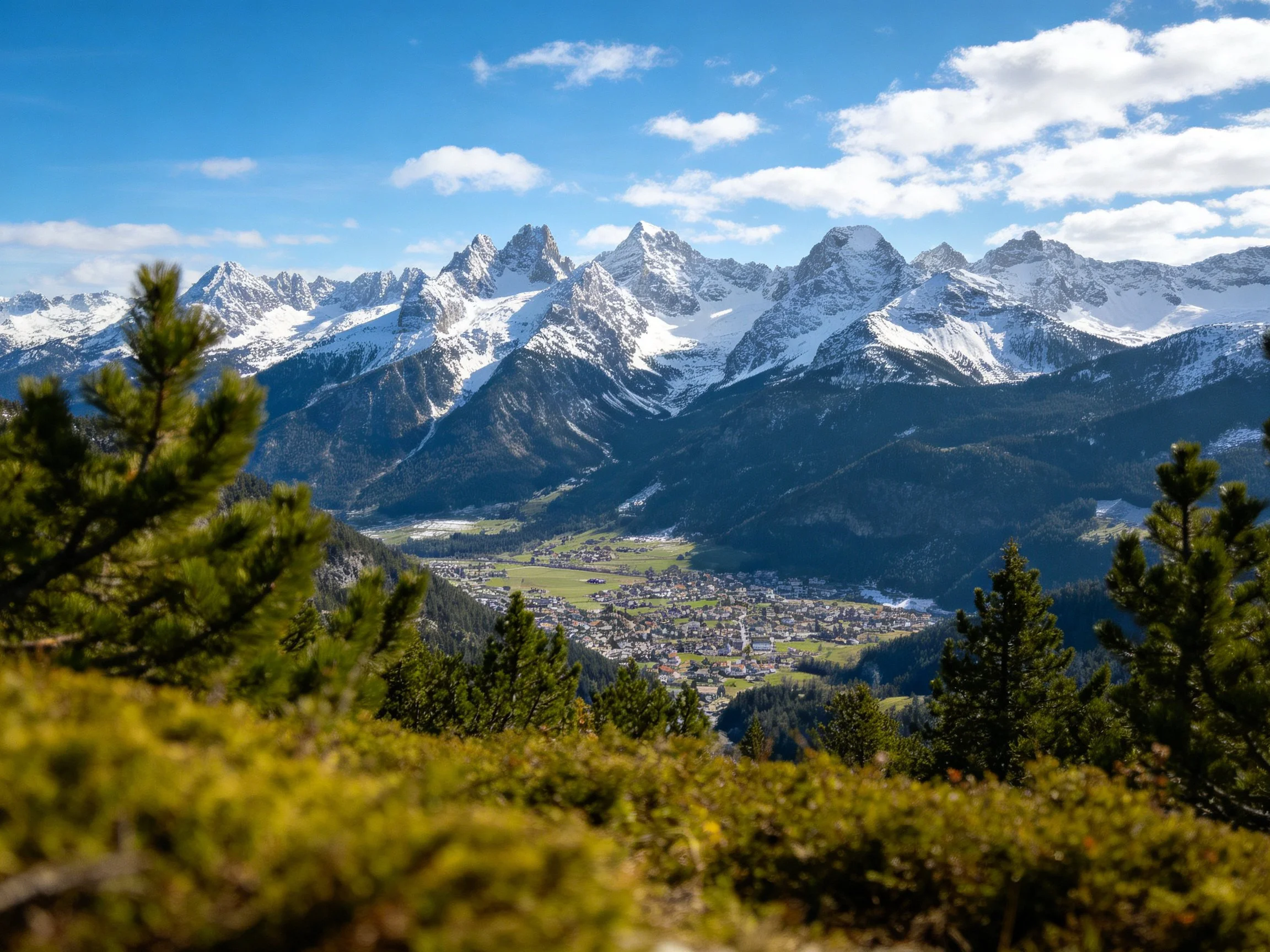Snow-draped mountain peaks rise above a verdant valley with scattered pine trees and a clear blue sky