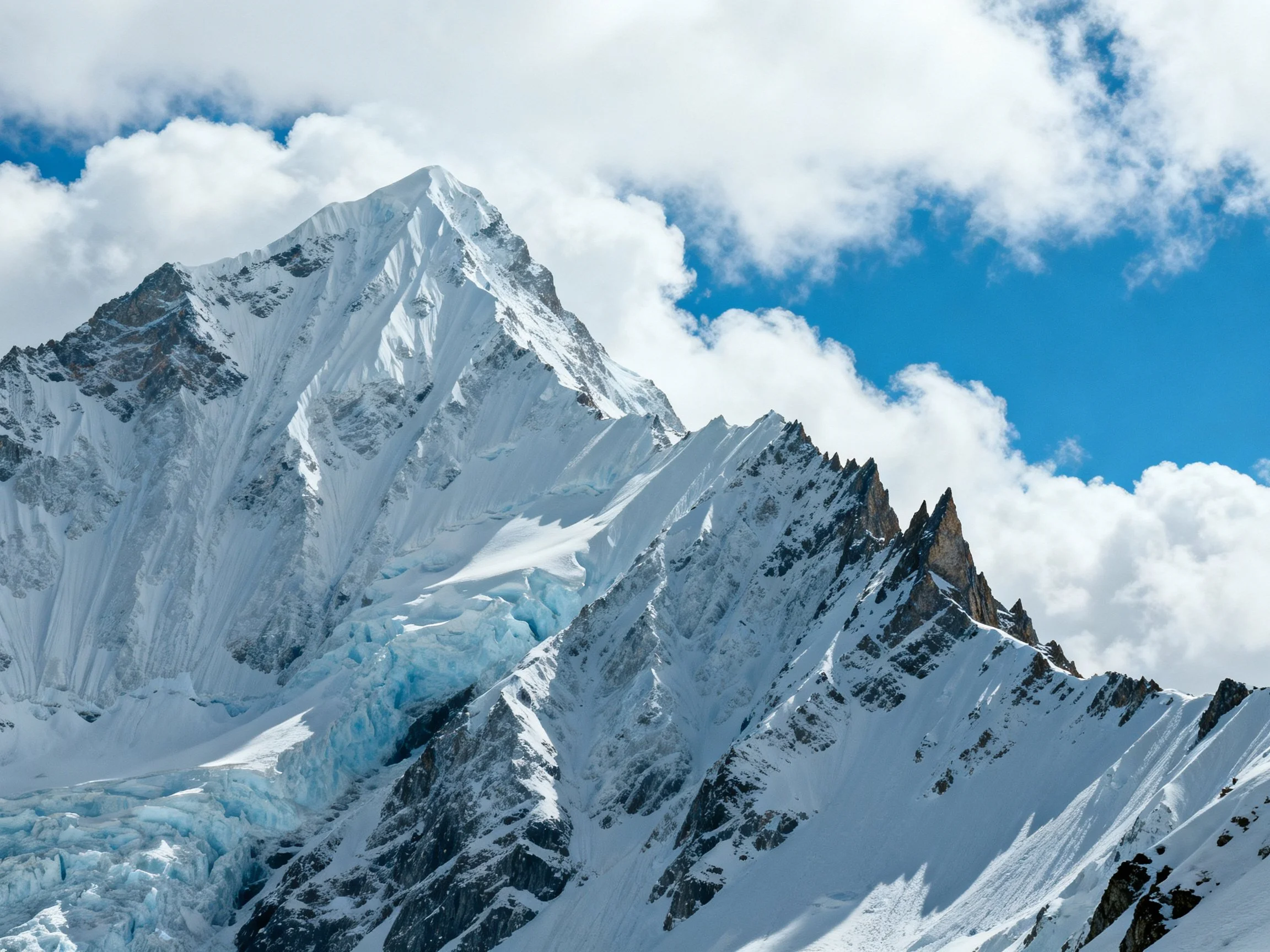Snow-draped mountain peaks with glaciers and jagged rock formations