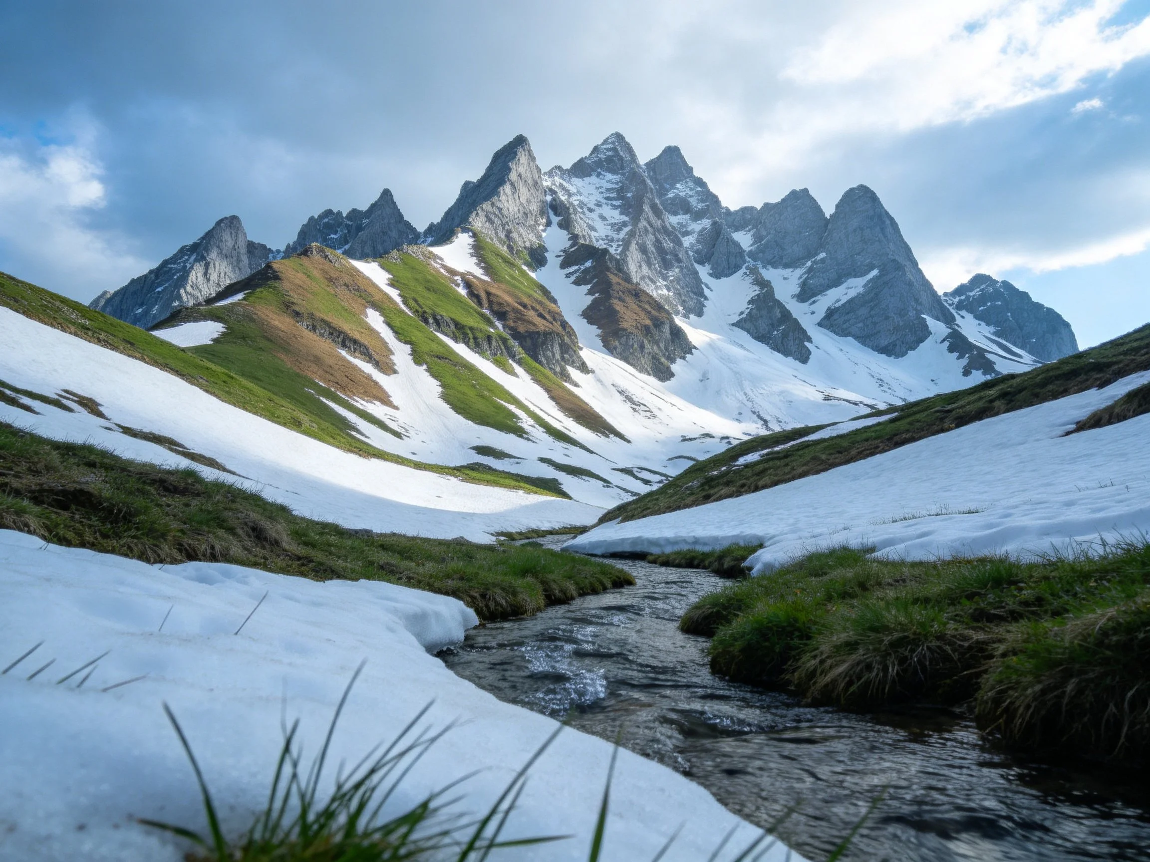 Snow-draped mountain peaks with green slopes and a winding stream