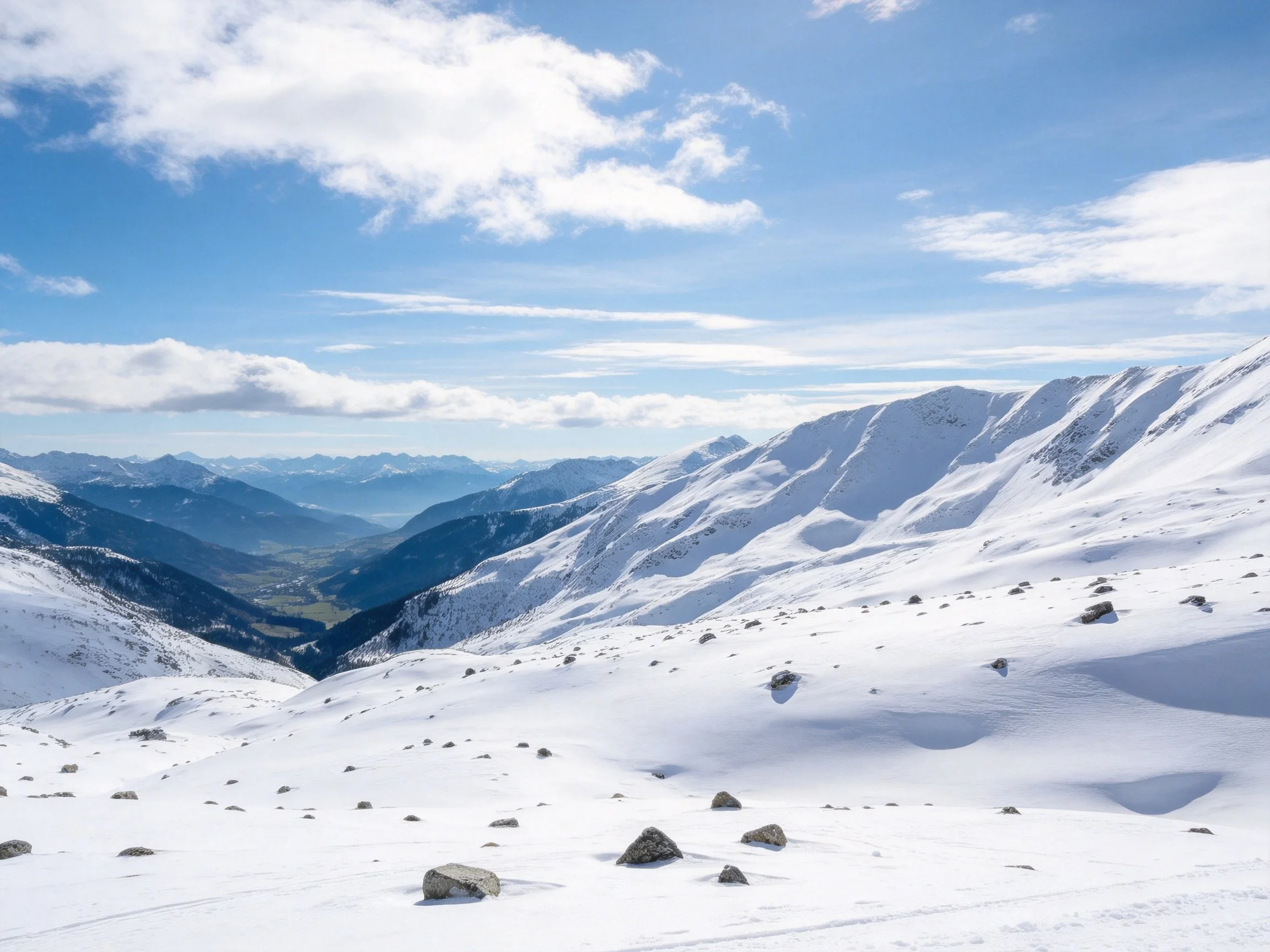 Snow-draped mountain slopes with scattered rocks and distant valleys