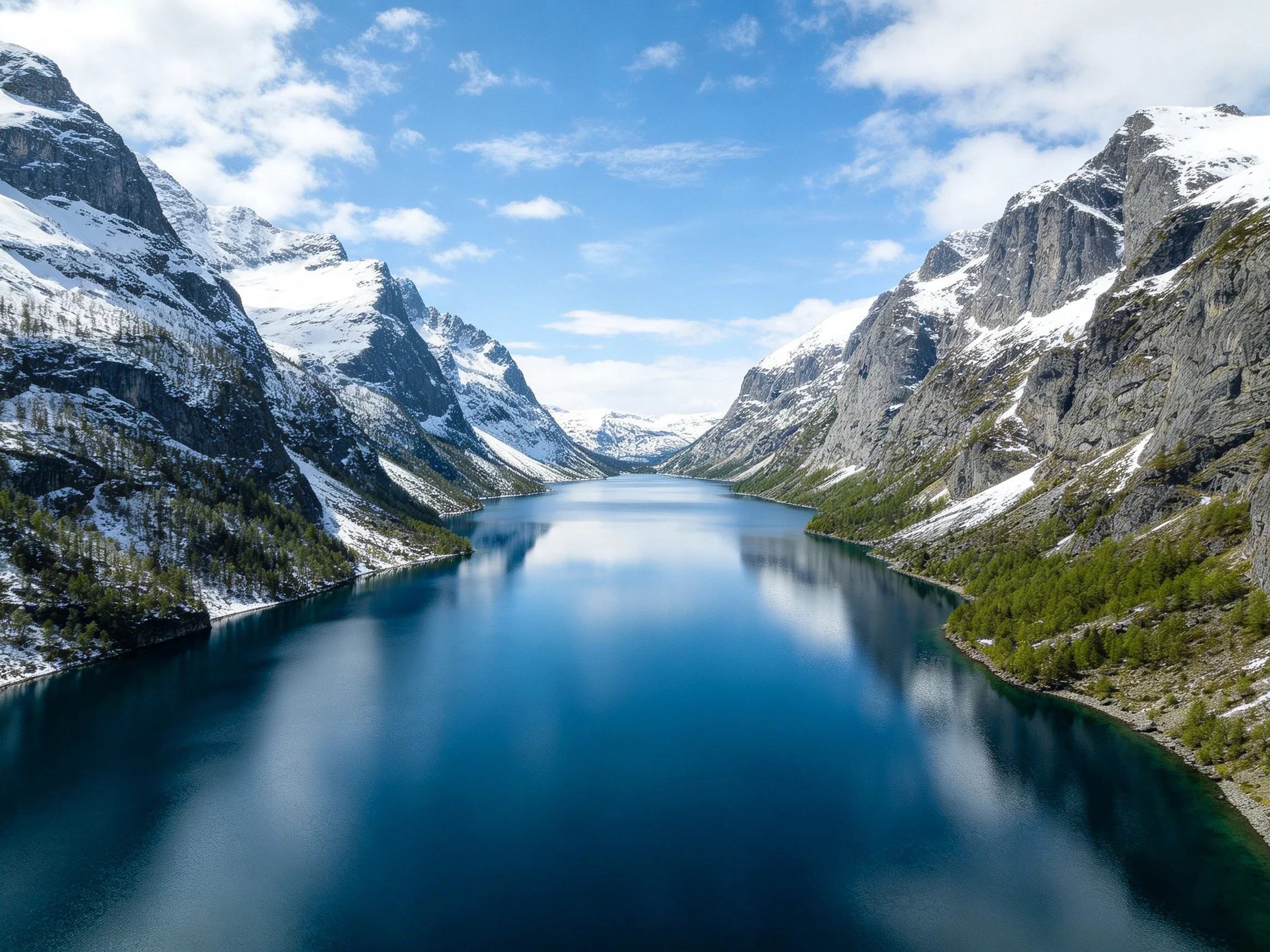 Snow-draped mountains border a deep blue fjord lake under bright sky