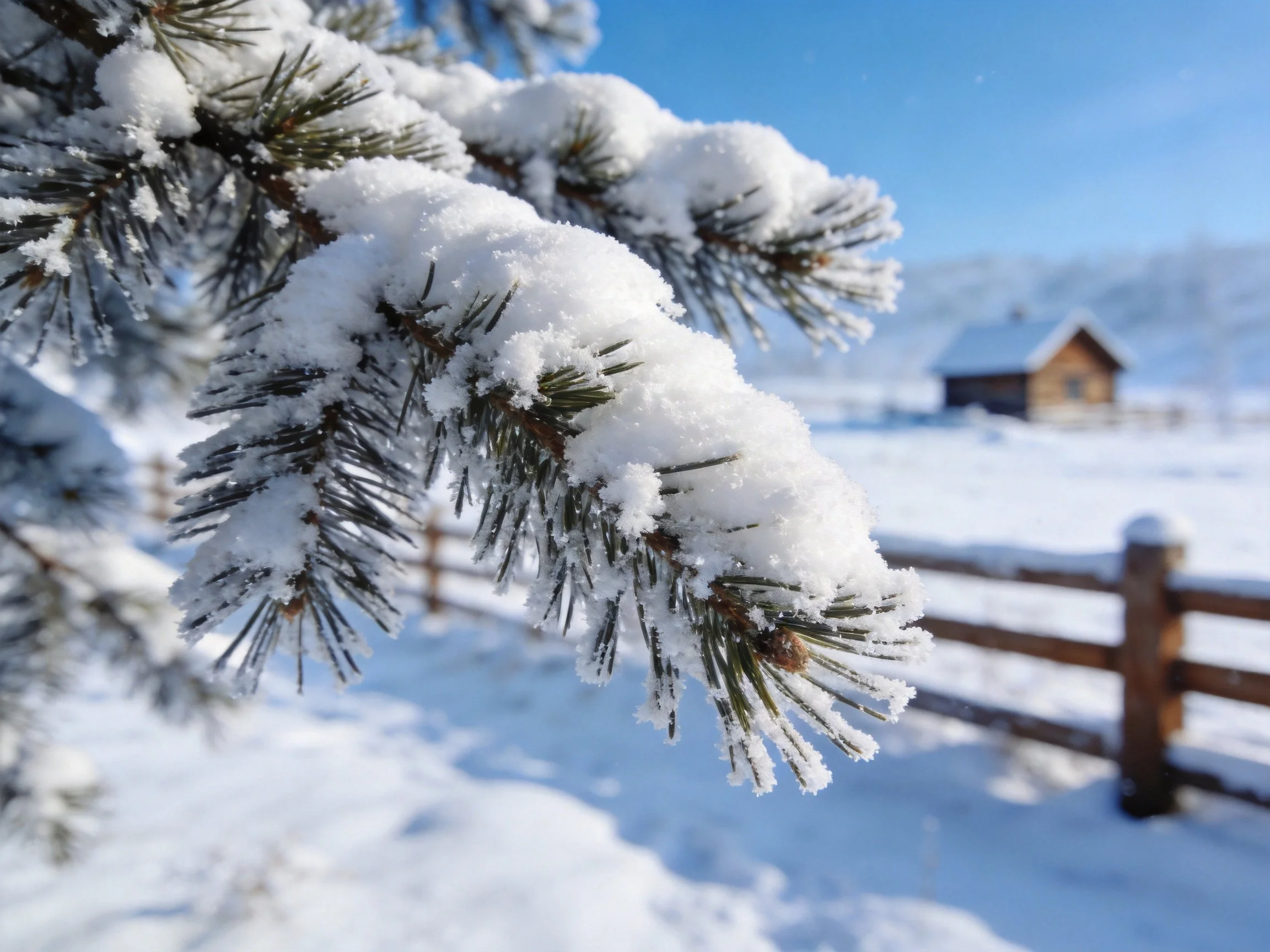Snow-draped pine branches, wooden fence, and distant cabin in winter