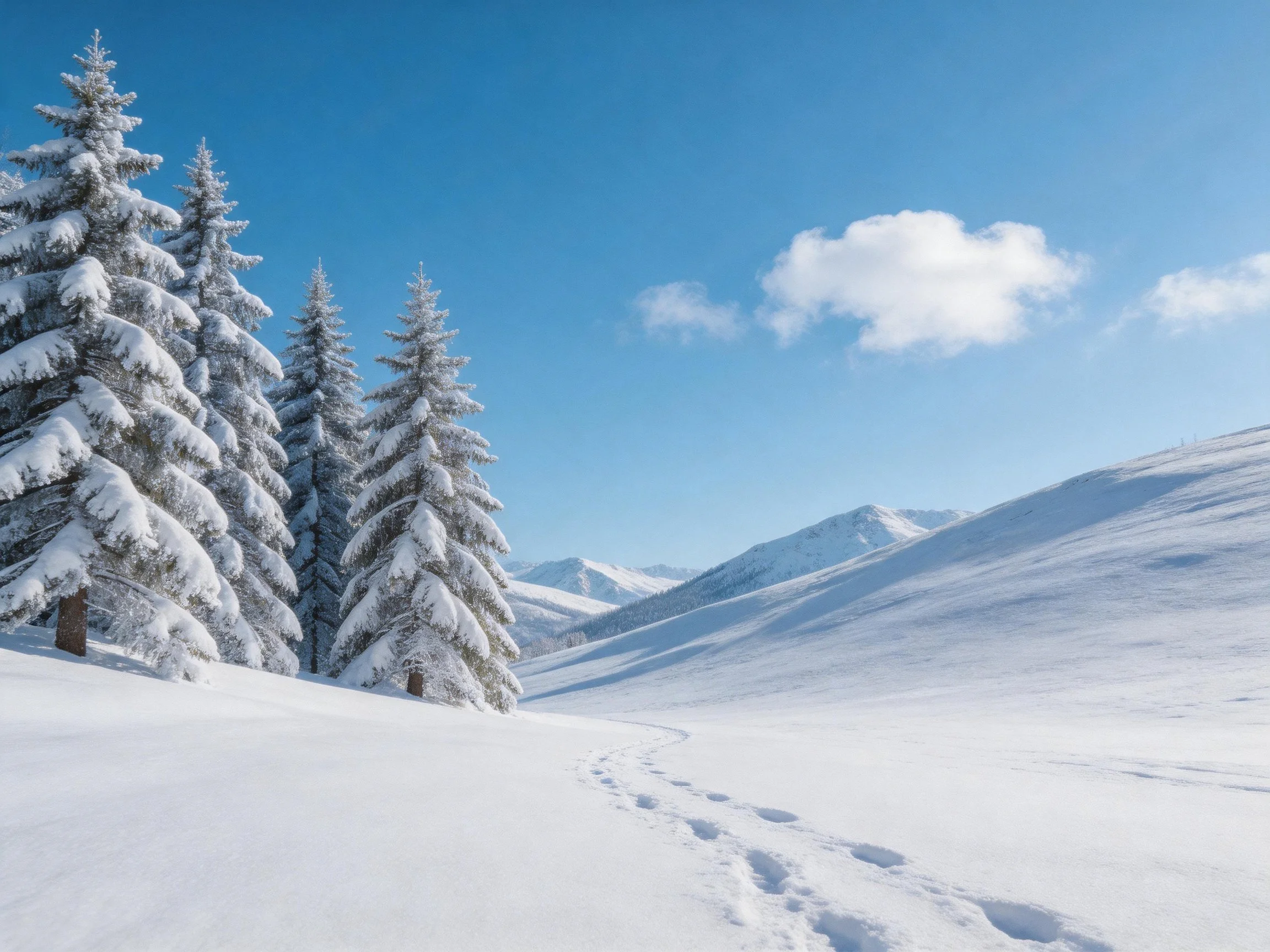 Snow-draped pine trees near mountain slopes under bright blue sky