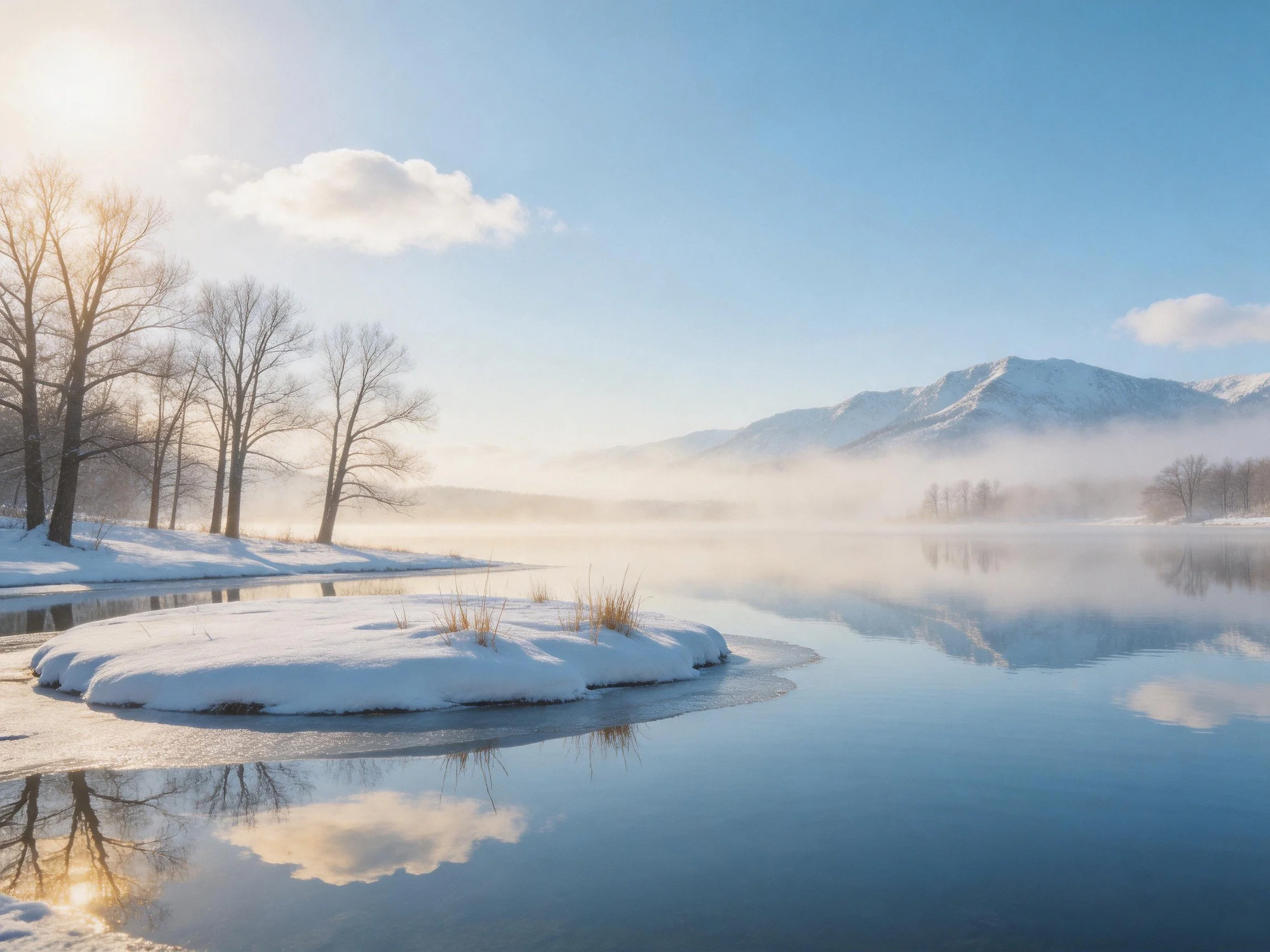 Snow-draped river with bare trees and misty mountains