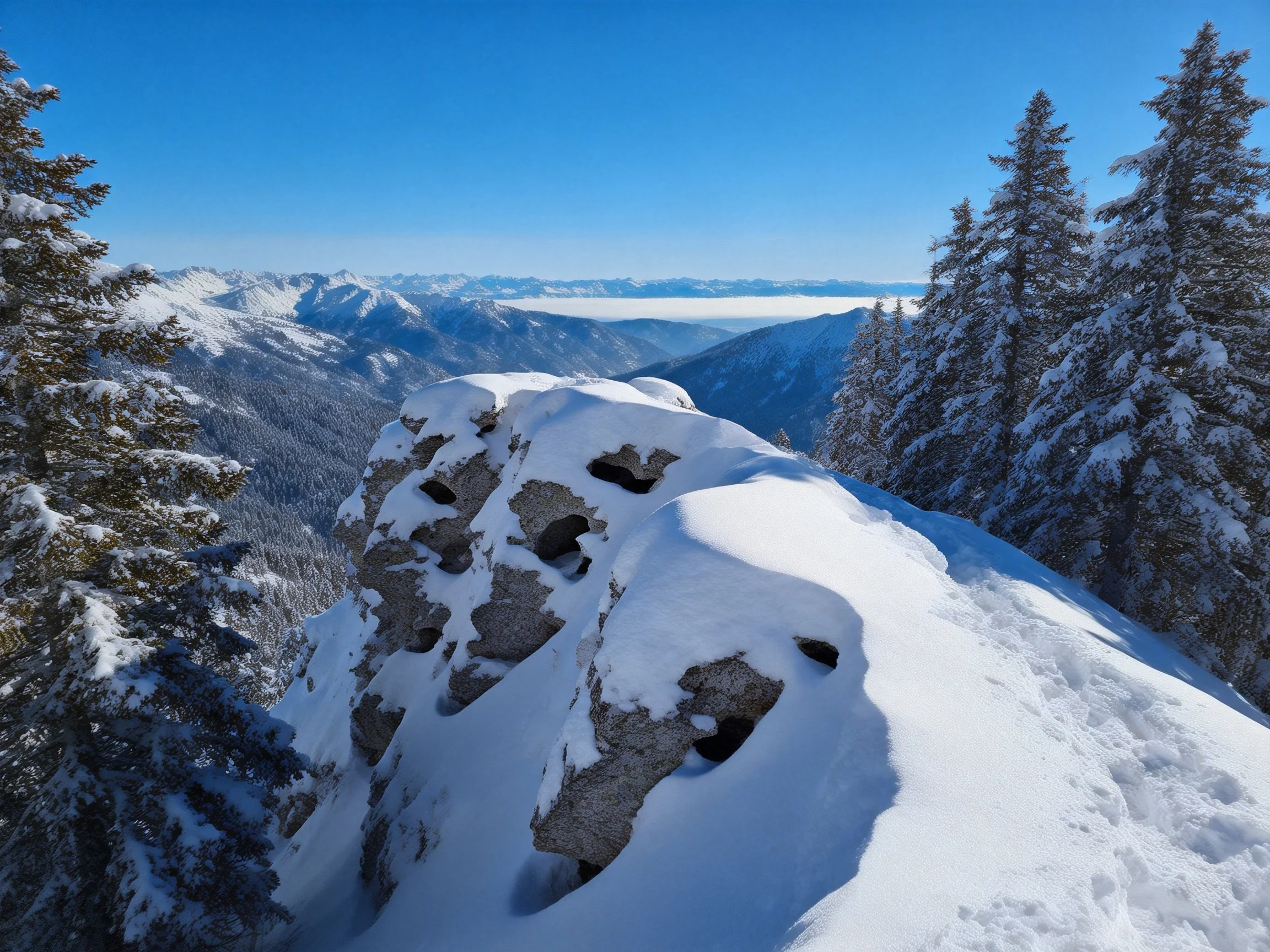Snow-draped rock formation near snow-laden evergreens and distant mountain peaks