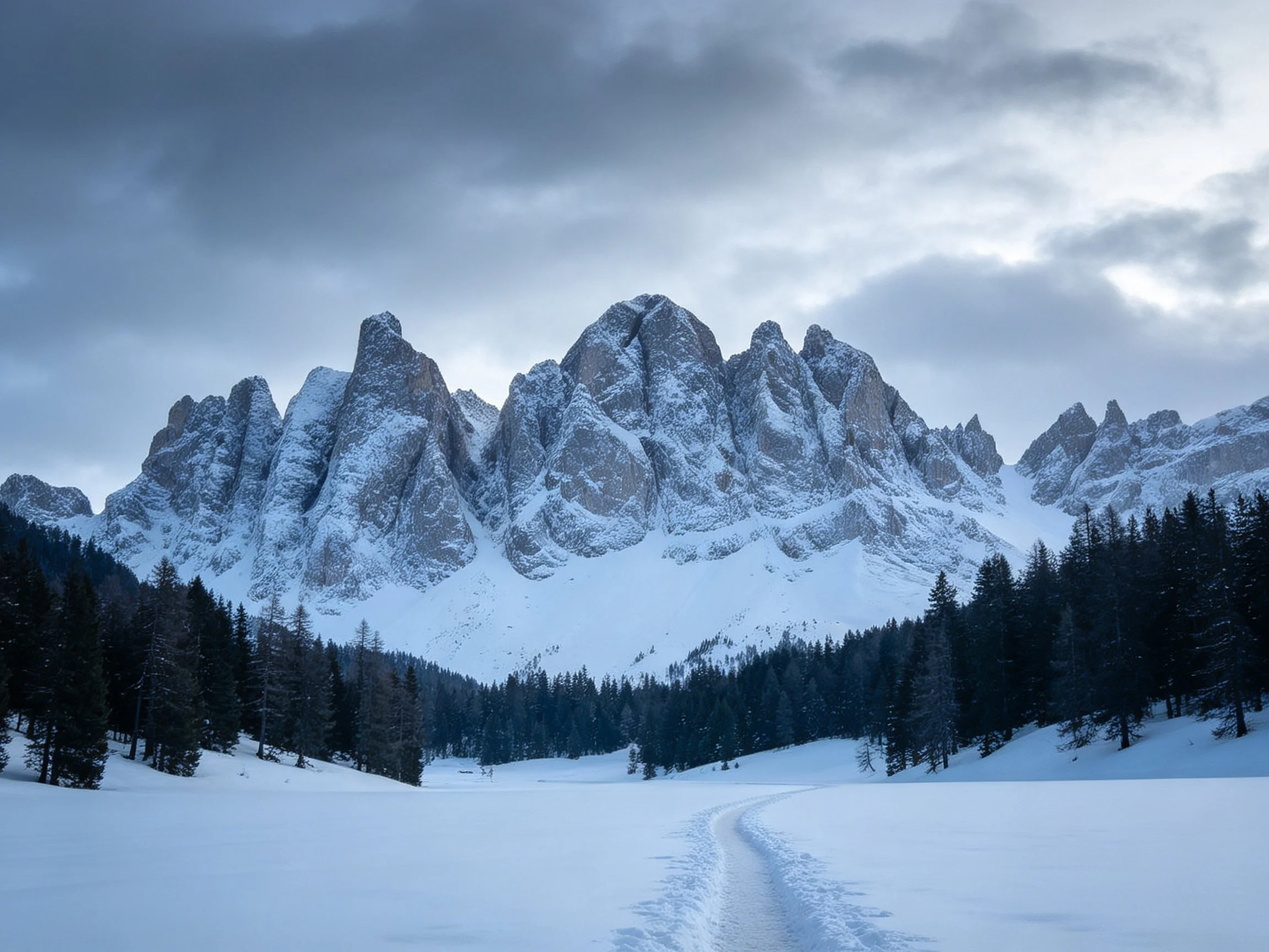Snow-draped rocky peaks with dense pine forests under cloudy sky