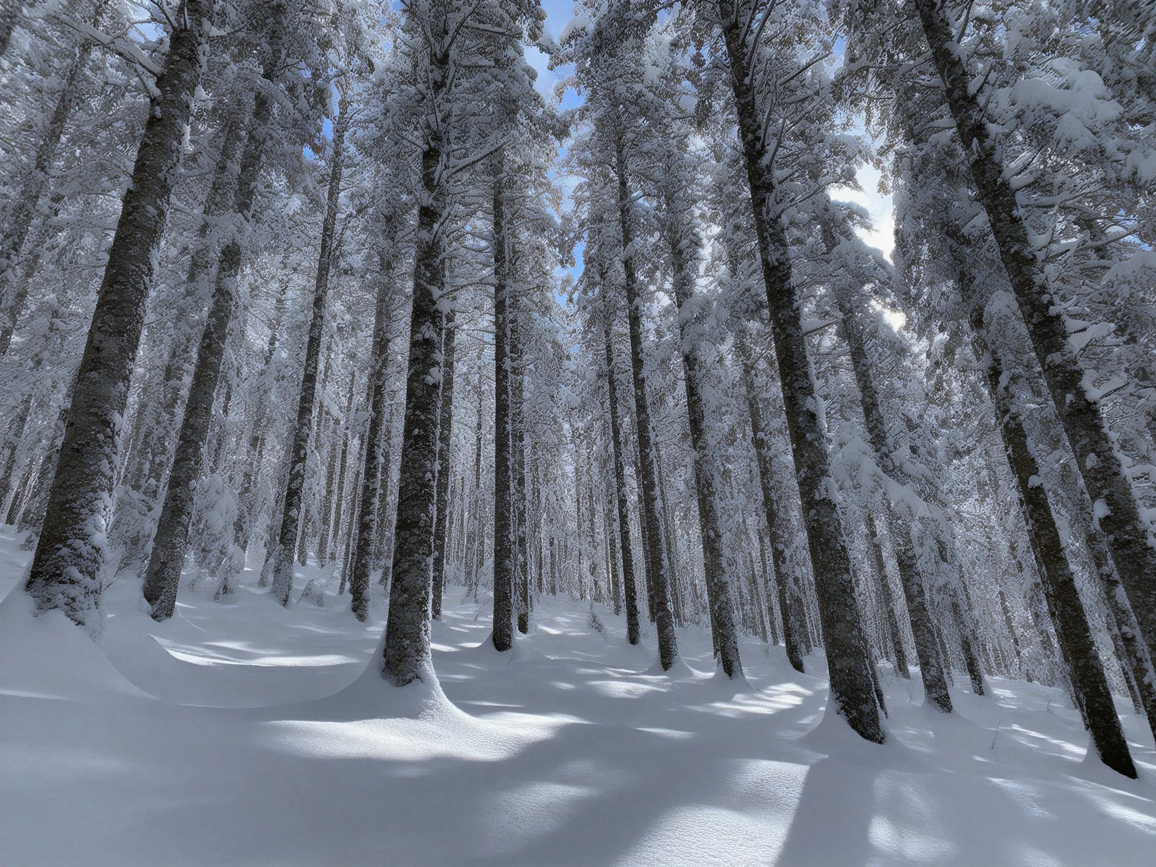 Snow-draped tall evergreen trees fill a sunlit winter forest