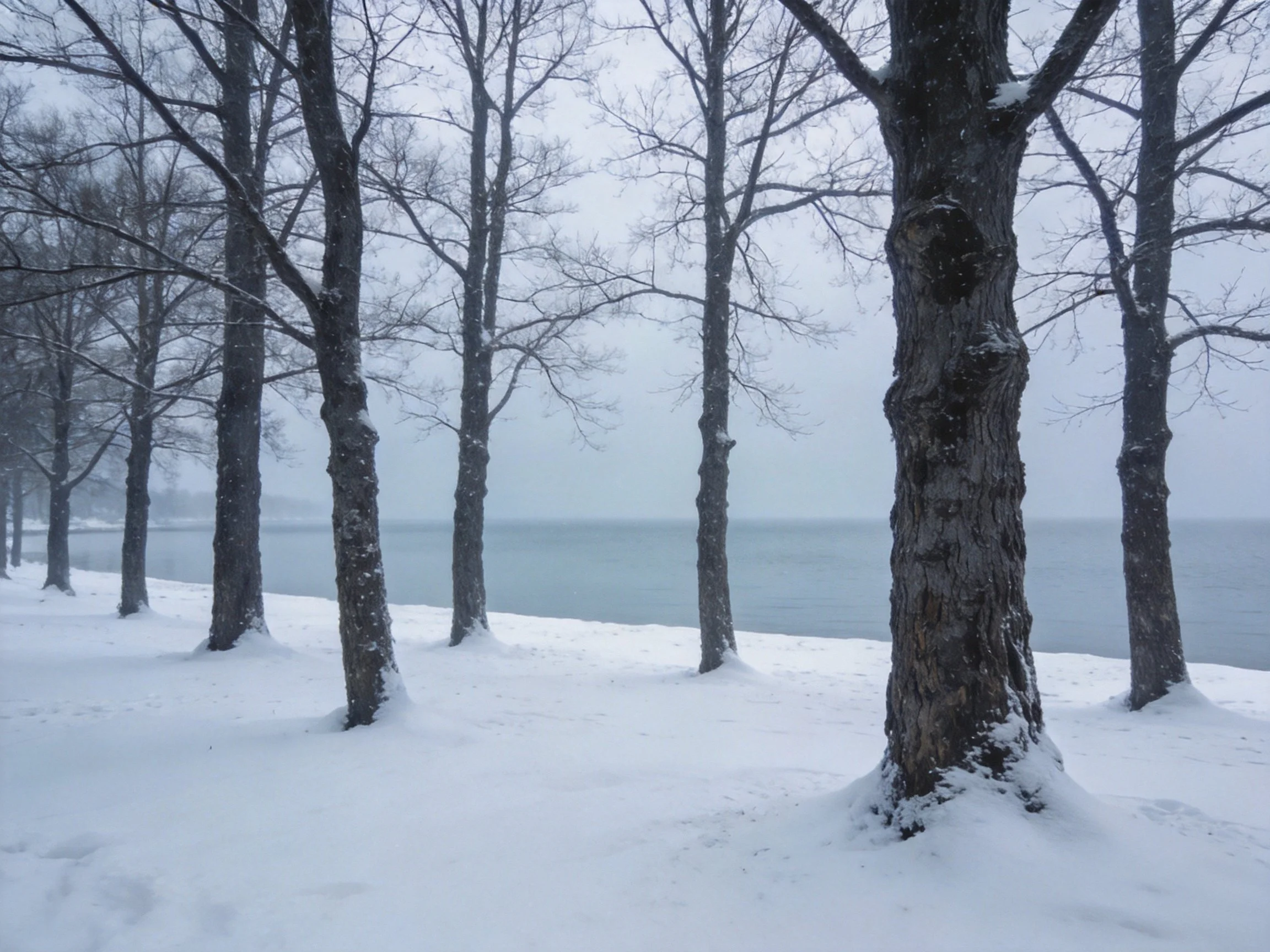 Snow-draped trees border a tranquil, wintry lakeshore