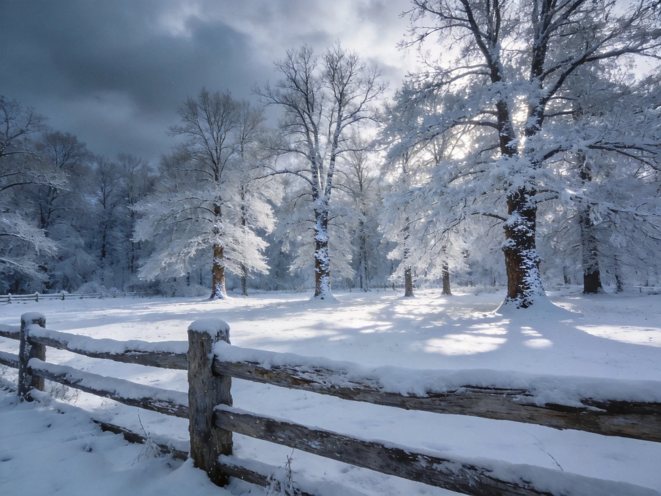 Snow-draped trees encircle a wooden fence in a sunlit winter meadow