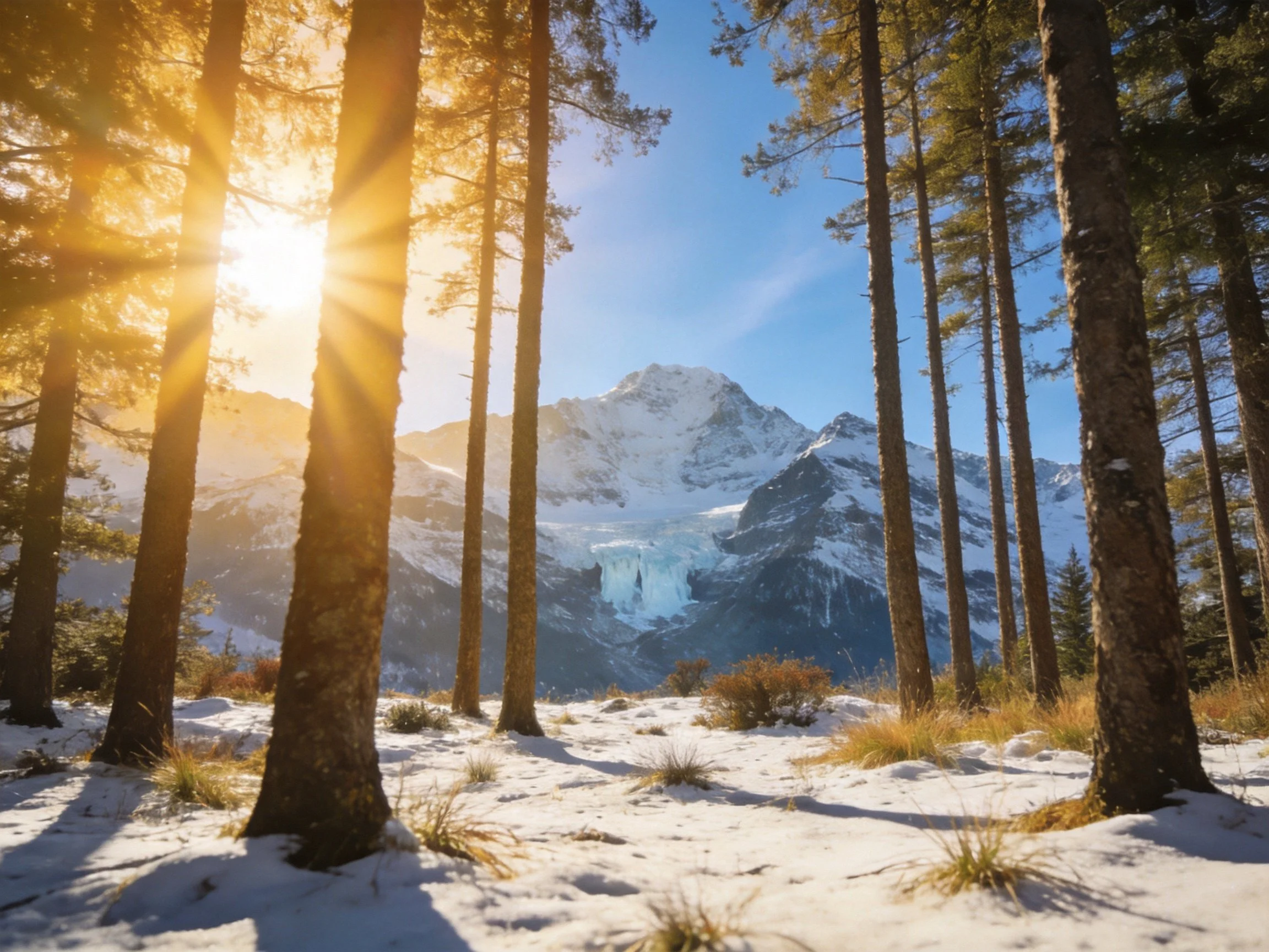 Snow-dusted forest with tall pine trees and icy mountain peaks