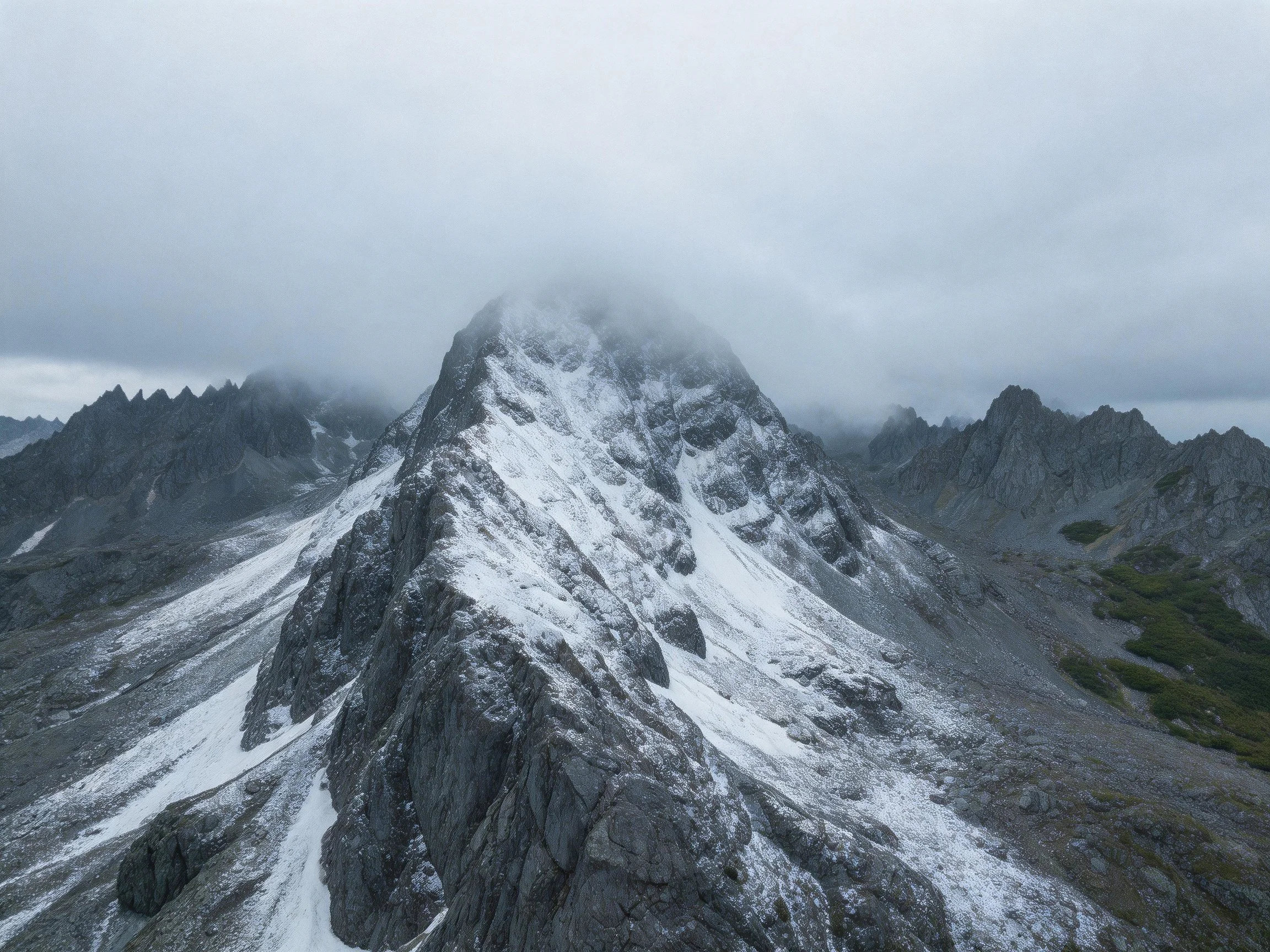 Snow-dusted mountain peak with rocky slopes and misty surroundings