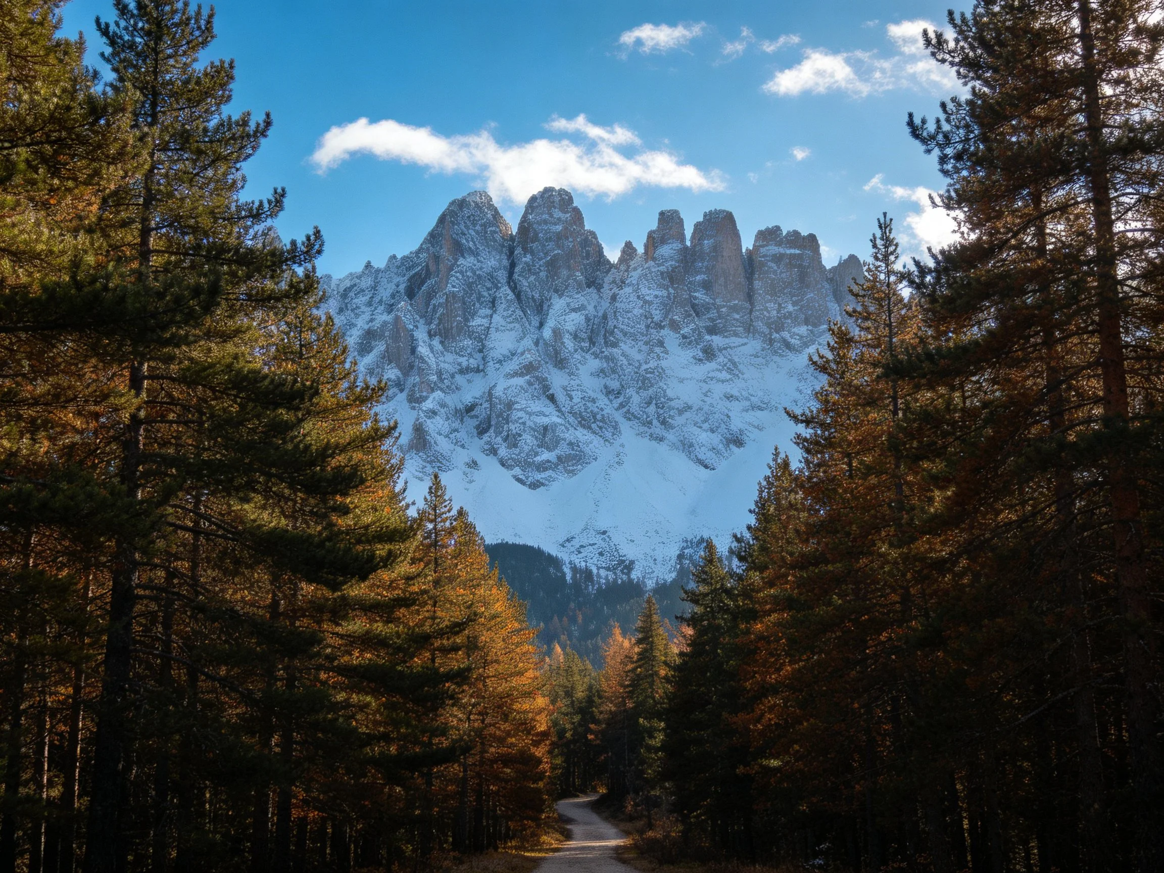 Snow-dusted mountain peaks beyond a forested mountain path
