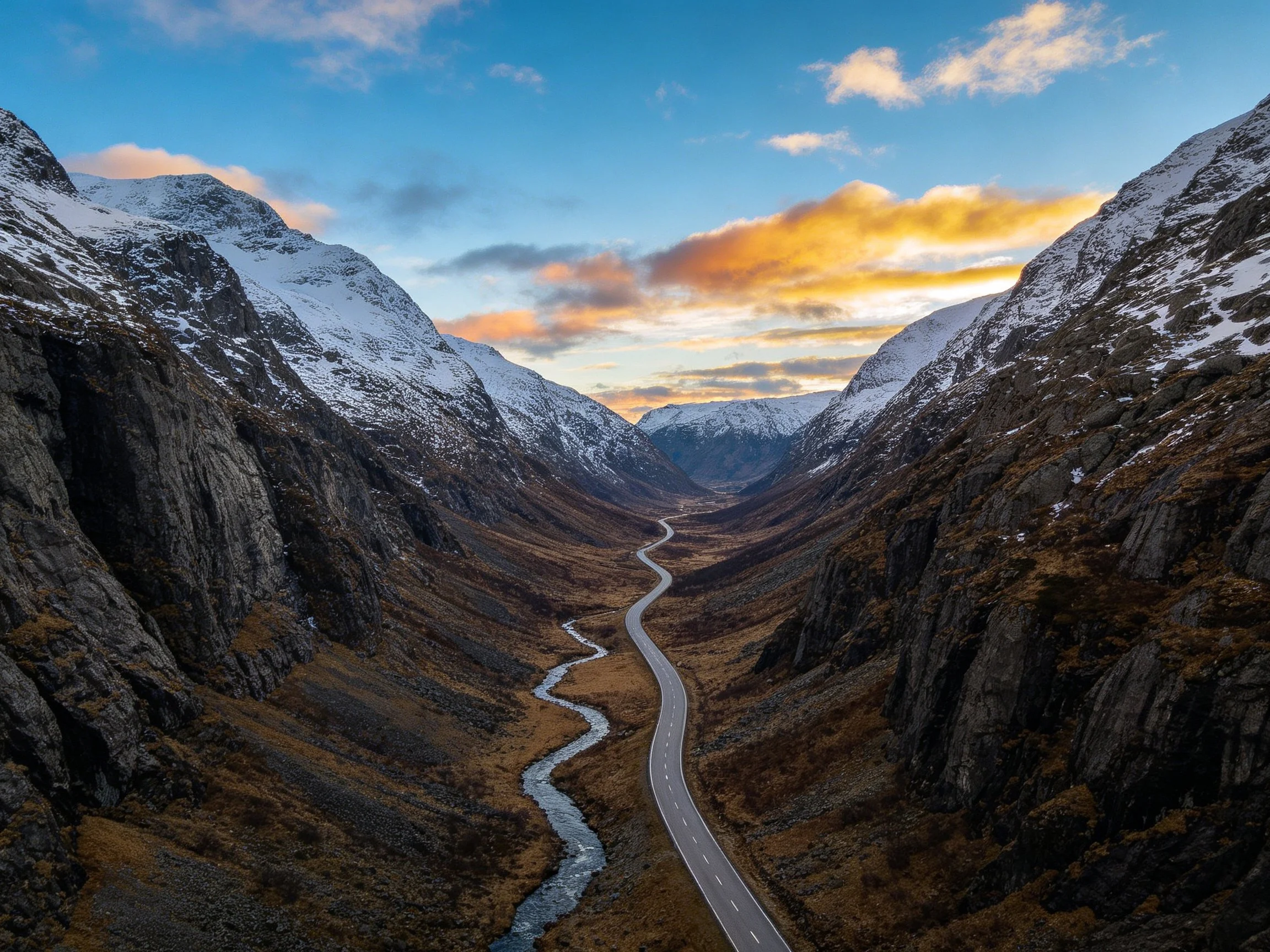 Snow-dusted mountains frame a winding road and river valley