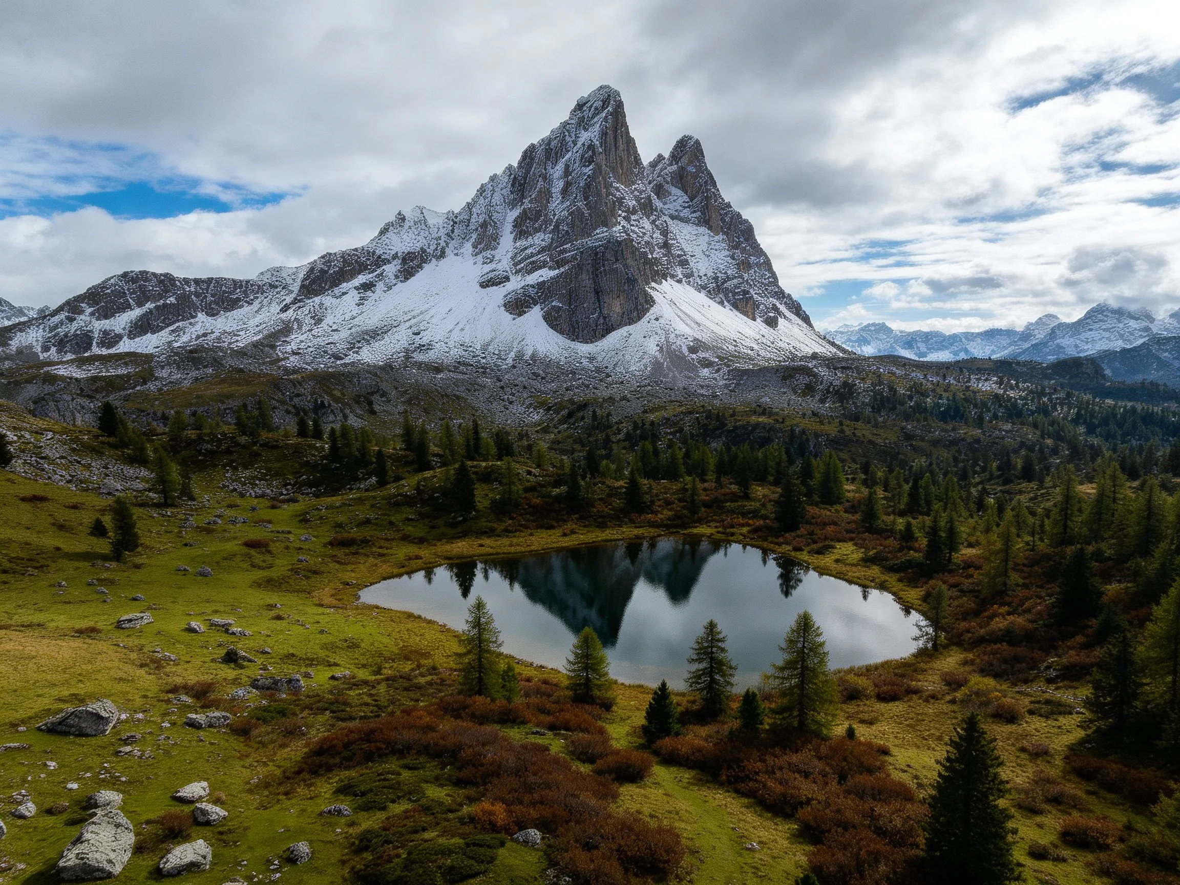 Snow-dusted peak overlooks a serene alpine lake