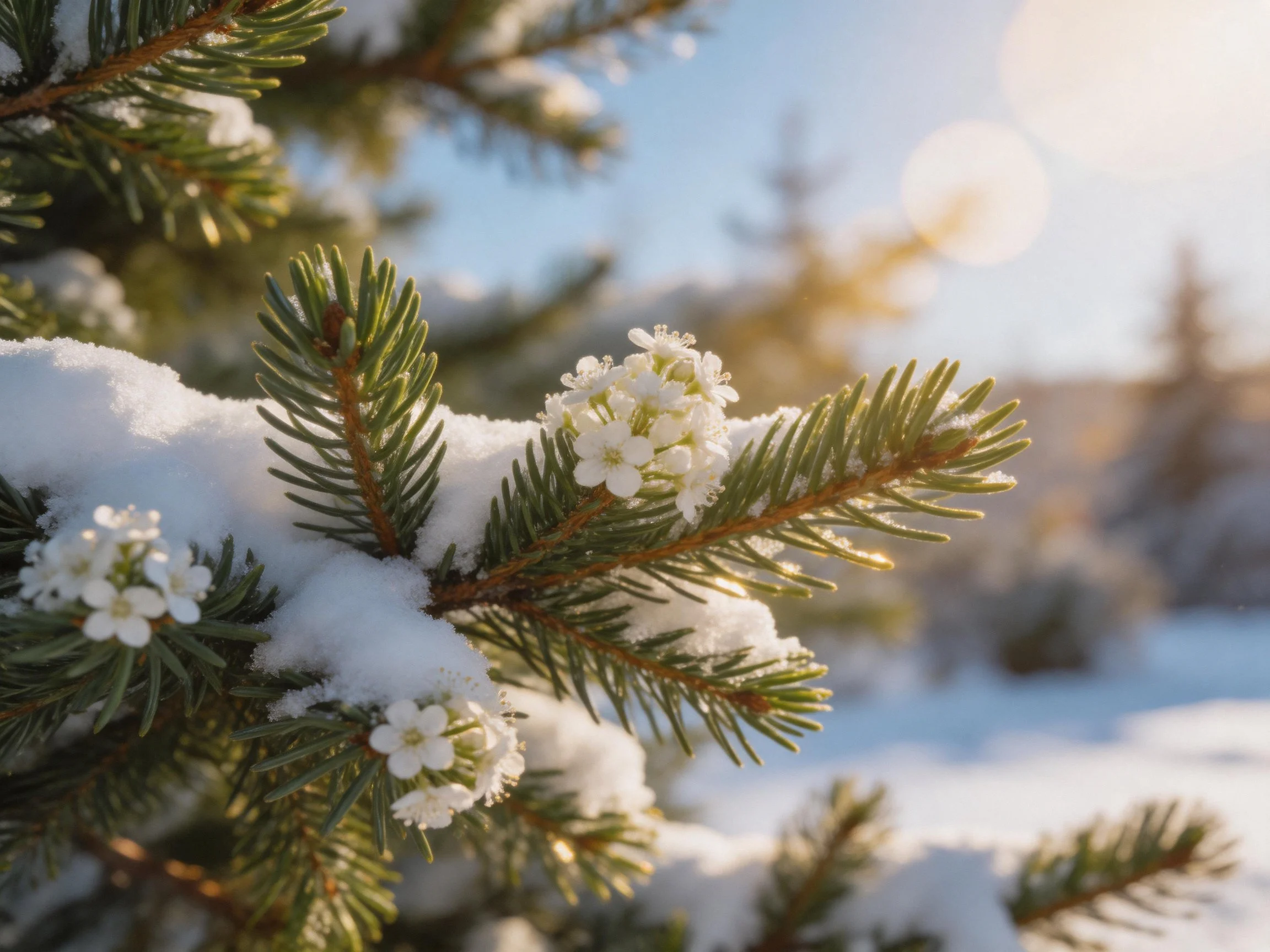 Snow-dusted pine branches with delicate white flowers under golden sunlight