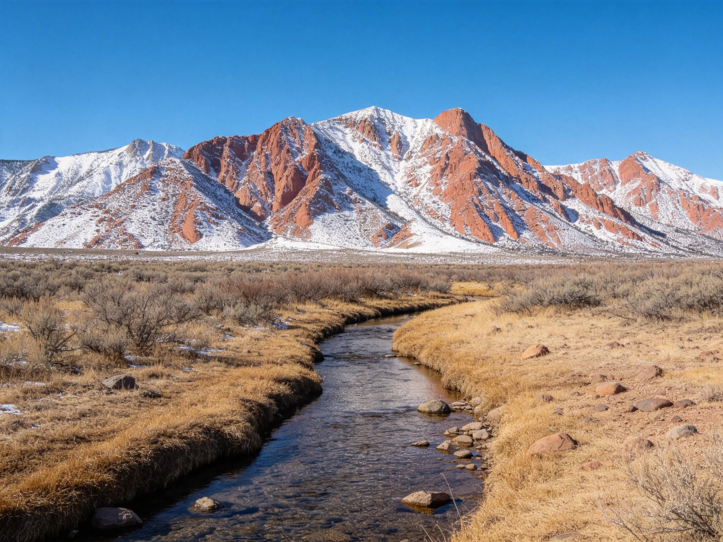 Snow-dusted red cliffs rise behind a winding stream through golden terrain