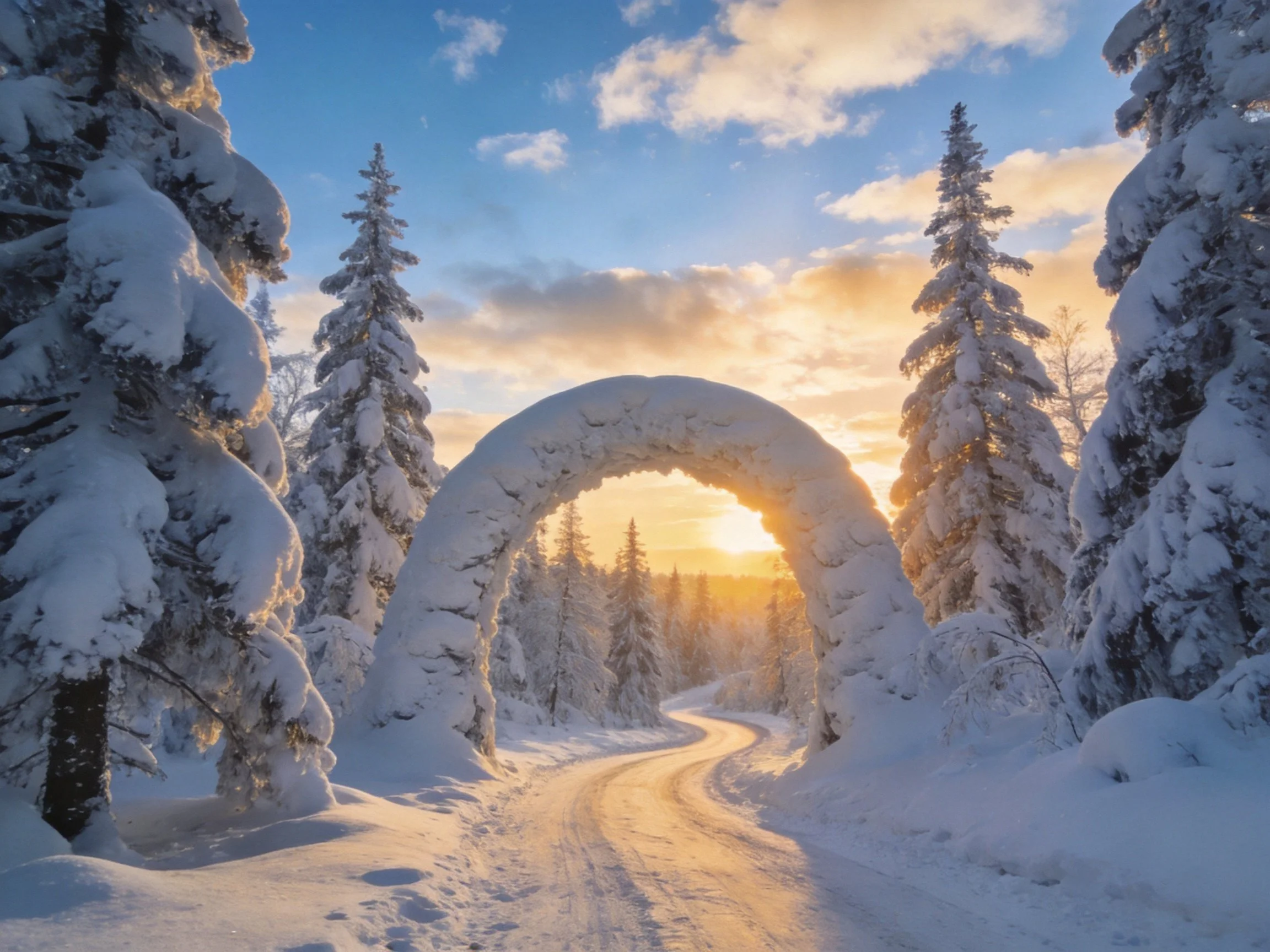 Snow-laden arch frames winding road amid frosty evergreens at golden hour