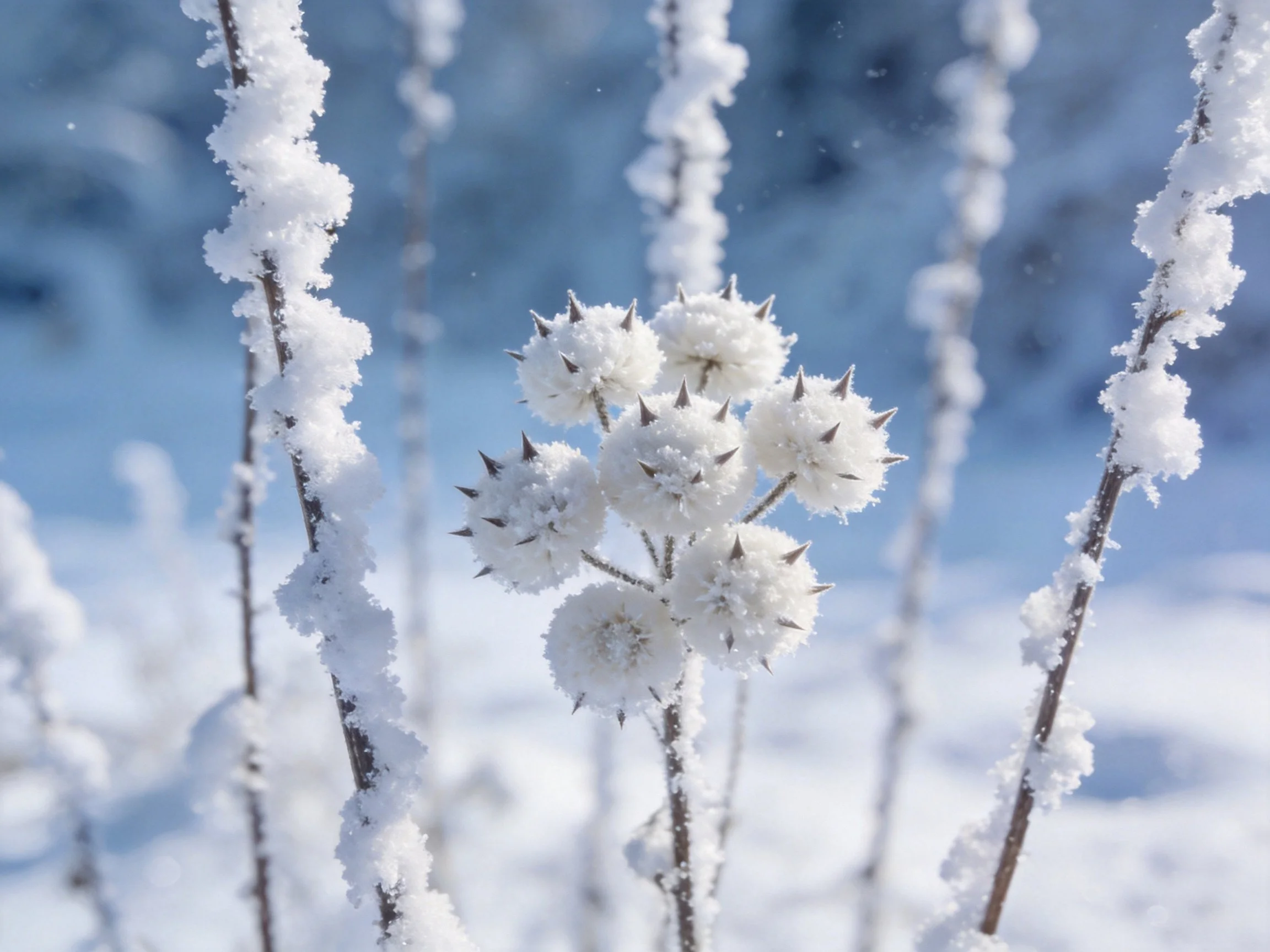 Snow-laden branches encircle frosty spherical flowers