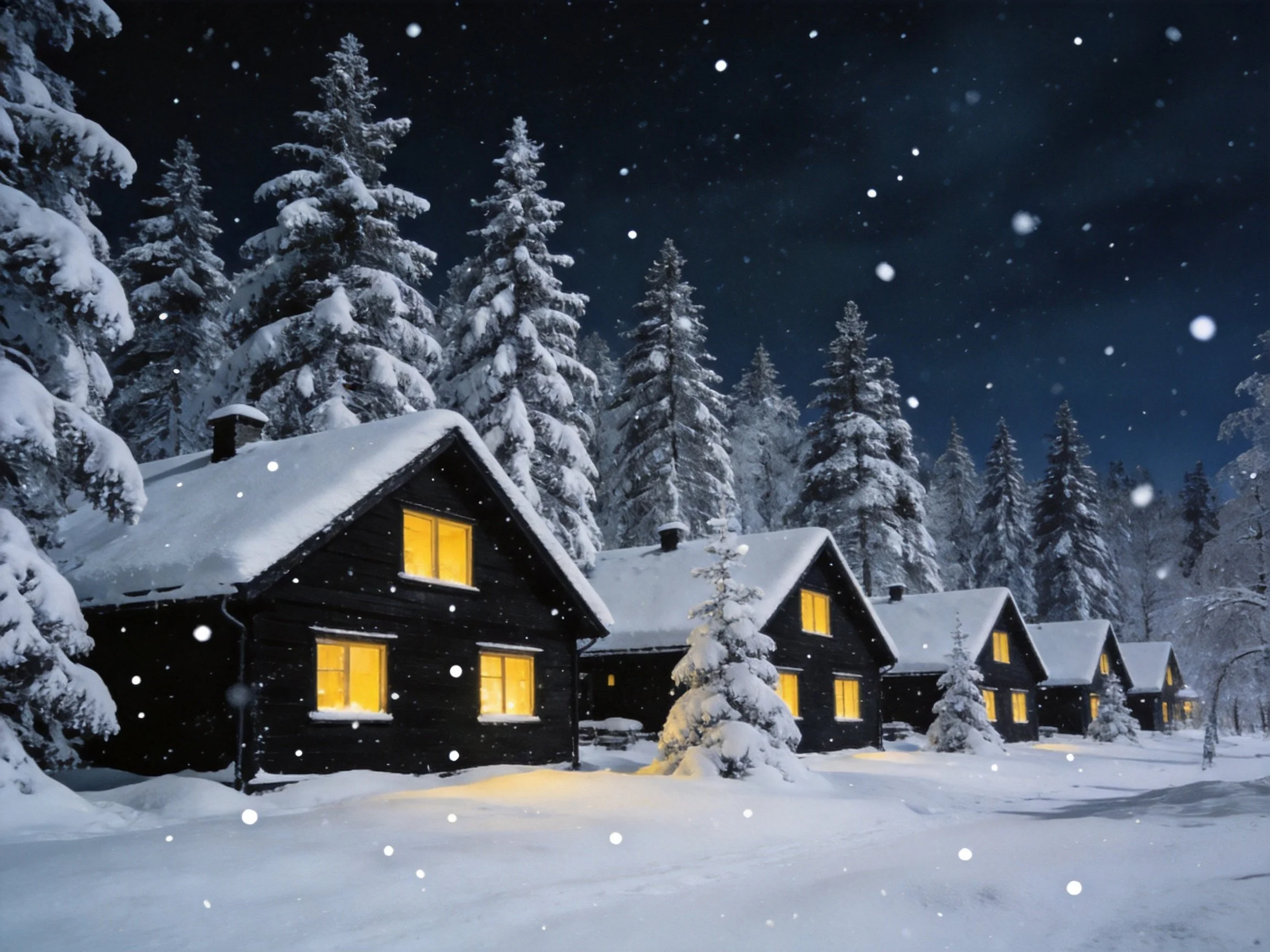 Snow-laden cabins glow warmly amid frosty evergreens at night
