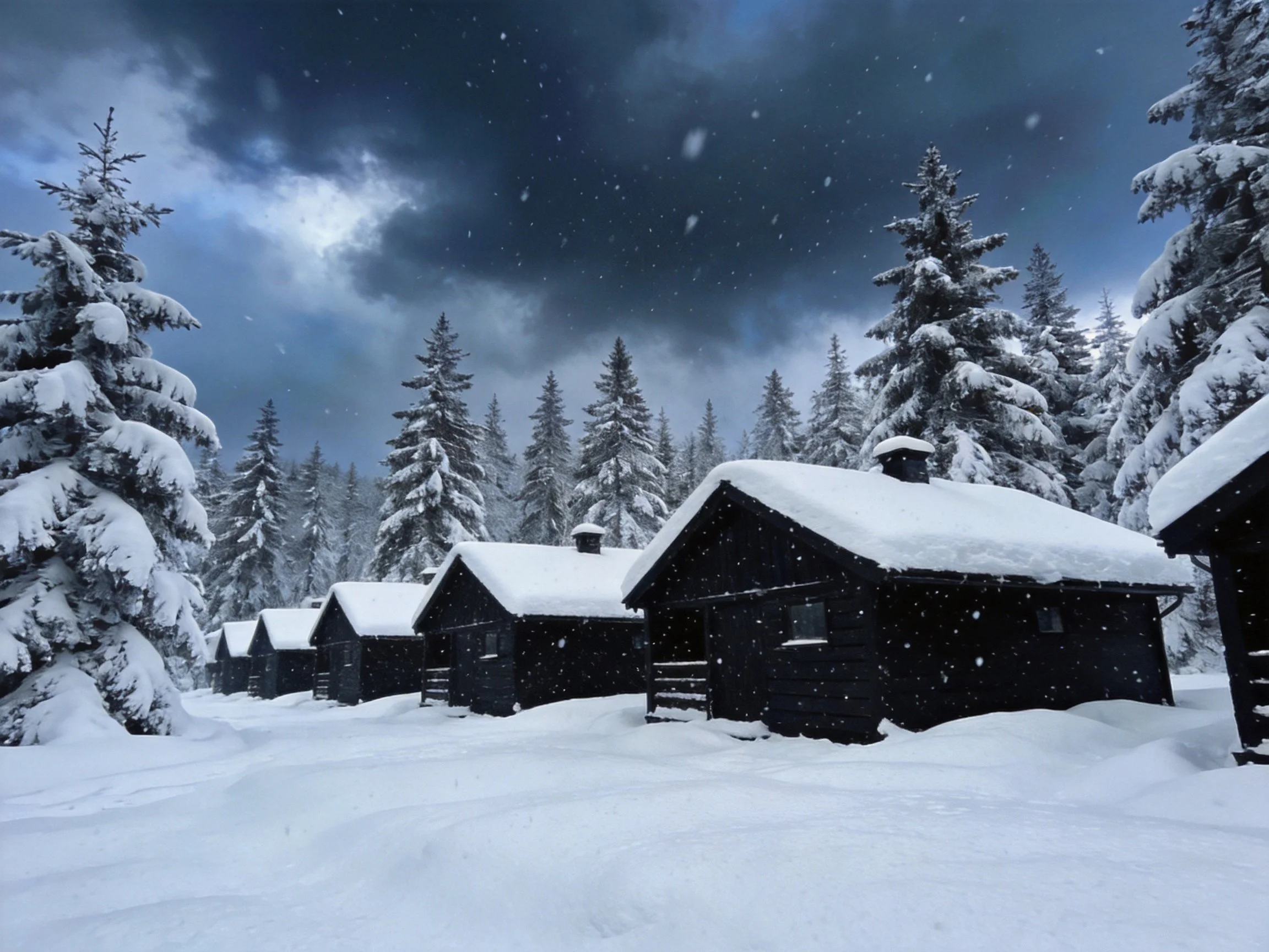 Snow-laden cabins nestled among frosty evergreens under stormy skies