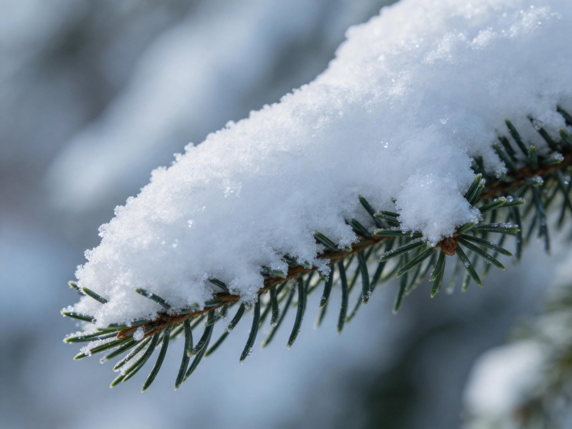Snow-laden evergreen branch with thick white snow
