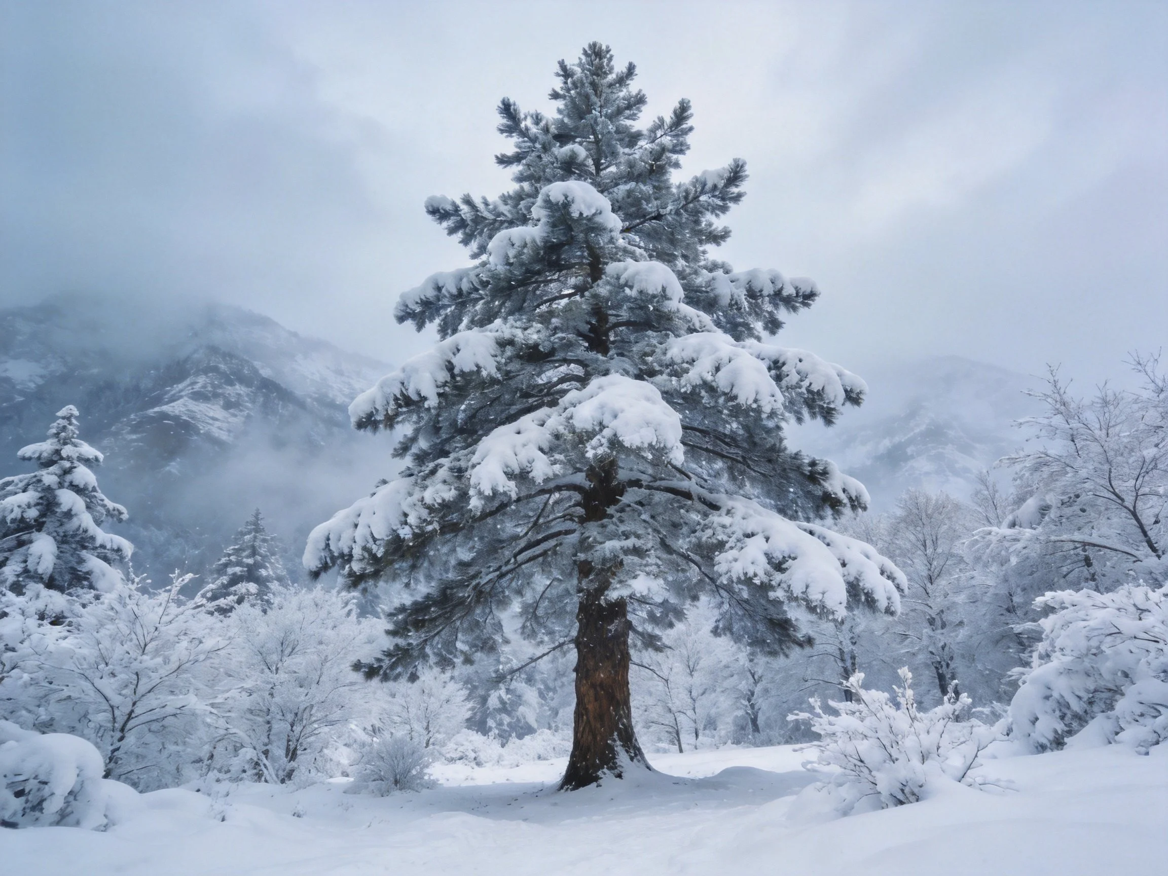 Snow-laden evergreen centered in frosty mountain forest